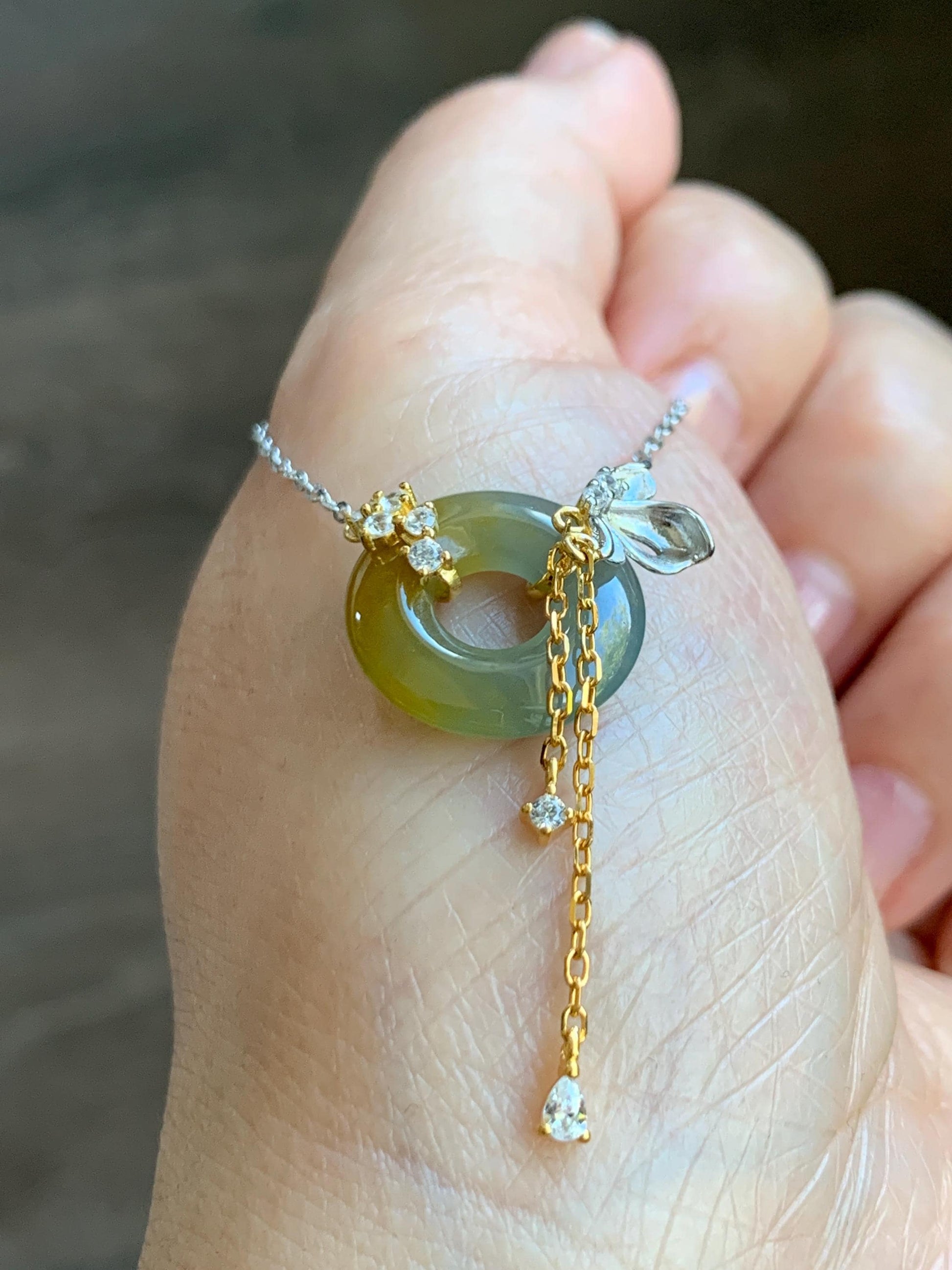 Natural Grade A Guatemalan Icy Translucent Yellow Dusty Blue Jade Jadeite Ping An Kou Donut Necklace Sterling Silver 天然冰危蓝加黄翡翠平安扣锁骨链 WLH110