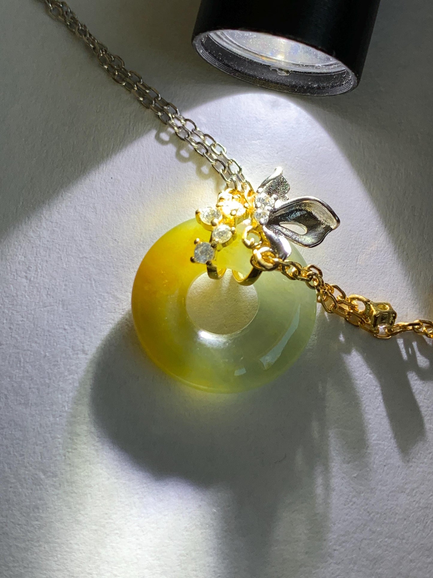 Natural Grade A Guatemalan Icy Translucent Yellow Dusty Blue Jade Jadeite Ping An Kou Donut Necklace Sterling Silver 天然冰危蓝加黄翡翠平安扣锁骨链 WLH110