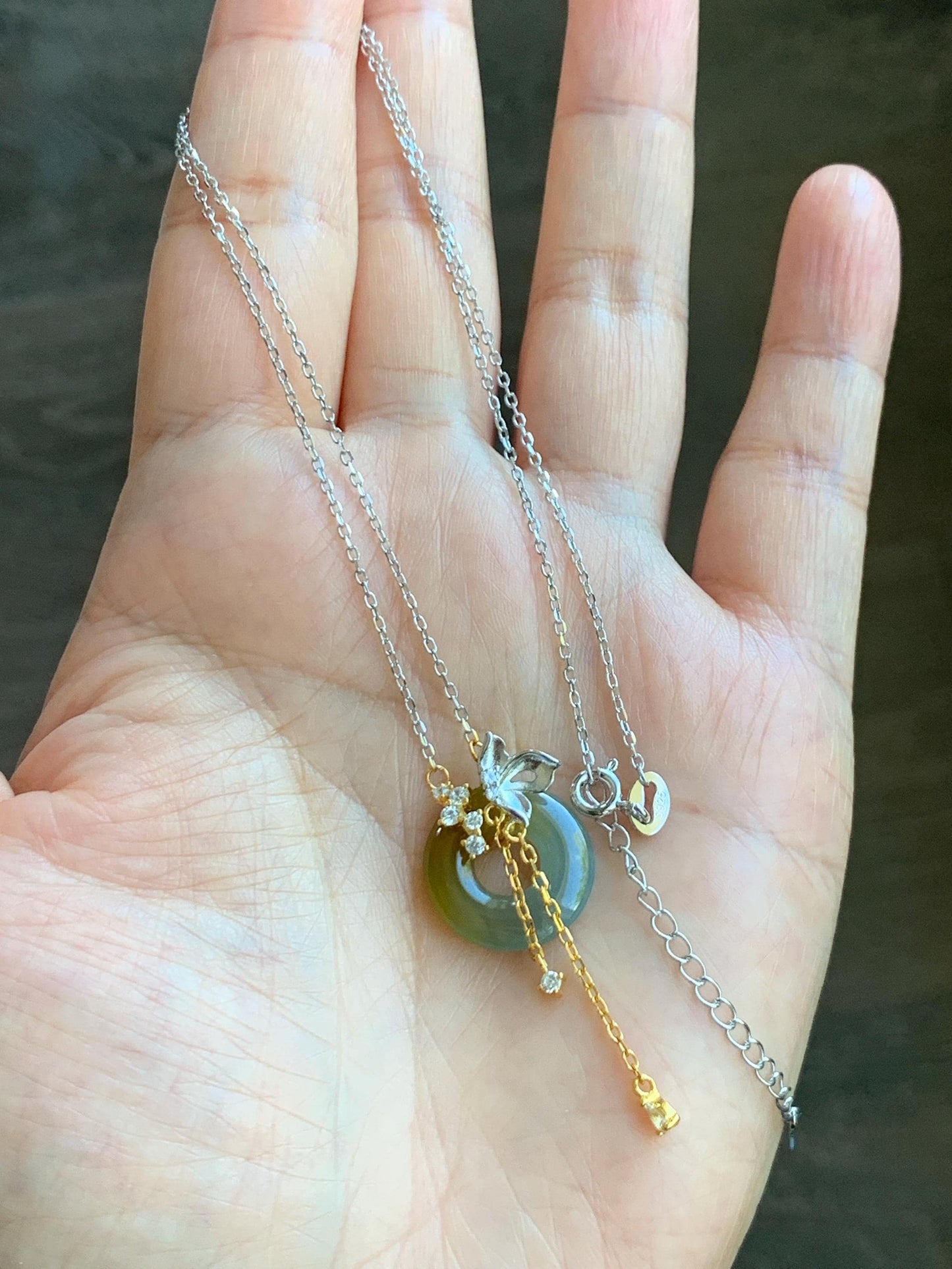 Natural Grade A Guatemalan Icy Translucent Yellow Dusty Blue Jade Jadeite Ping An Kou Donut Necklace Sterling Silver 天然冰危蓝加黄翡翠平安扣锁骨链 WLH110