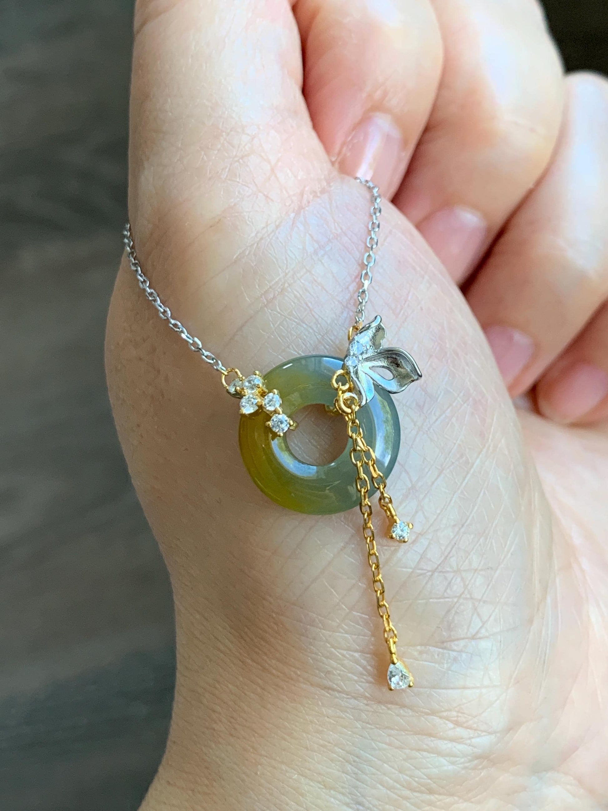 Natural Grade A Guatemalan Icy Translucent Yellow Dusty Blue Jade Jadeite Ping An Kou Donut Necklace Sterling Silver 天然冰危蓝加黄翡翠平安扣锁骨链 WLH110