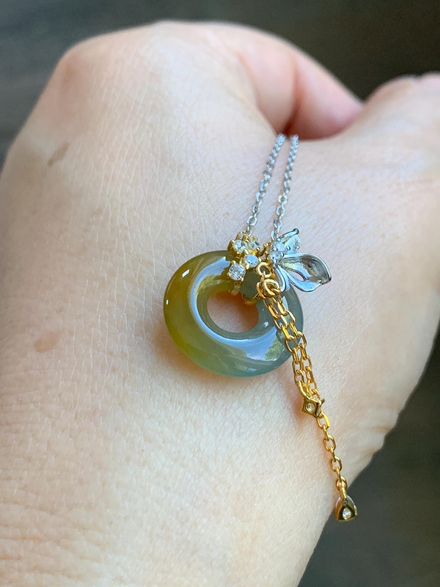 Natural Grade A Guatemalan Icy Translucent Yellow Dusty Blue Jade Jadeite Ping An Kou Donut Necklace Sterling Silver 天然冰危蓝加黄翡翠平安扣锁骨链 WLH110