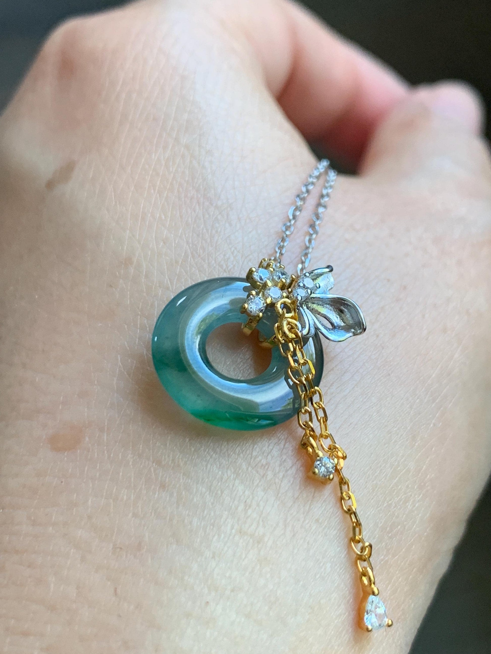 Natural Grade A Guatemalan Icy Translucent Teal Blue Green Jade Jadeite Ping An Kou Donut Necklace Sterling Silver 天然冰危蓝飘花翡翠平安扣锁骨链 WLK110