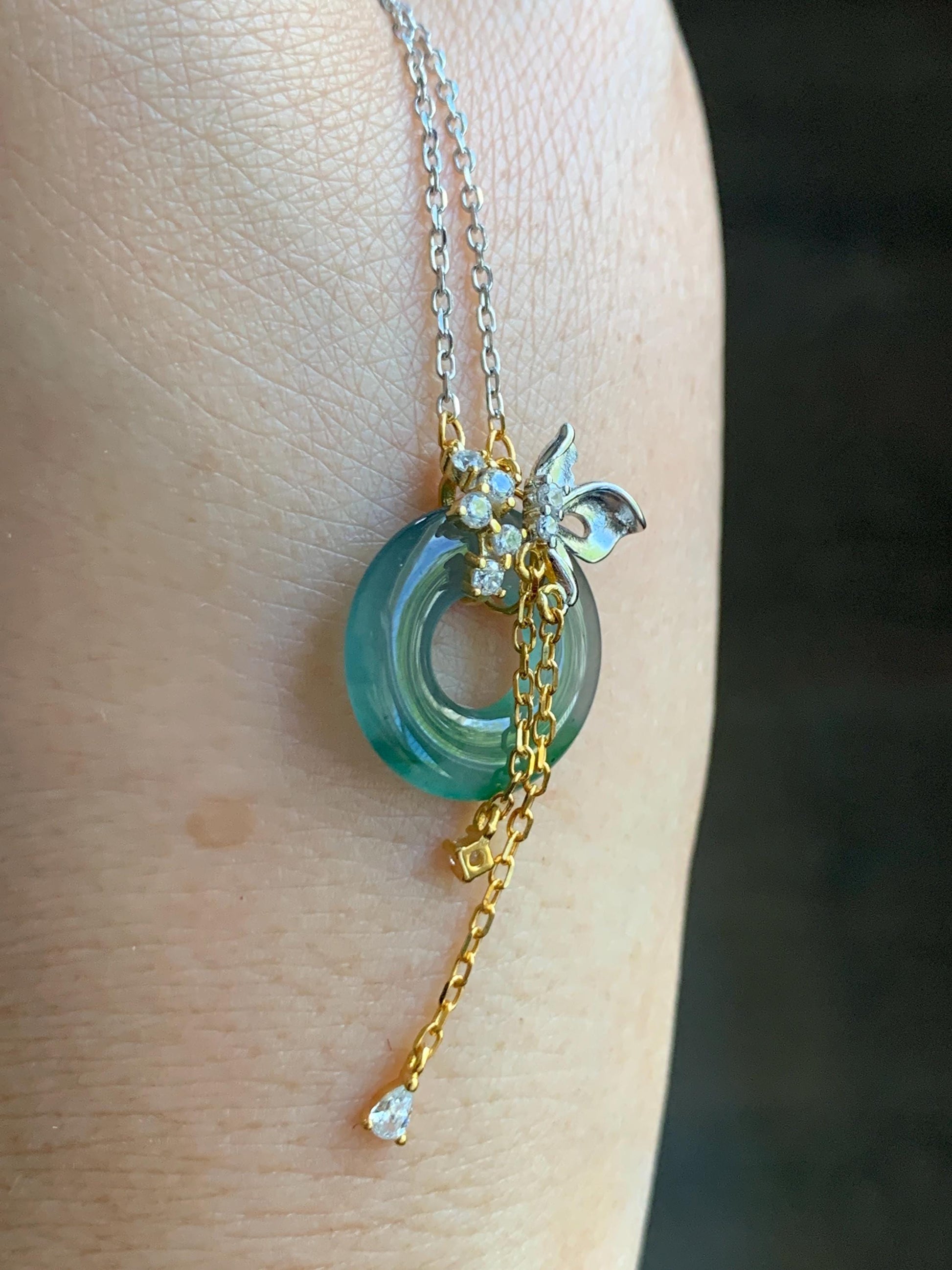 Natural Grade A Guatemalan Icy Translucent Teal Blue Green Jade Jadeite Ping An Kou Donut Necklace Sterling Silver 天然冰危蓝飘花翡翠平安扣锁骨链 WLK110