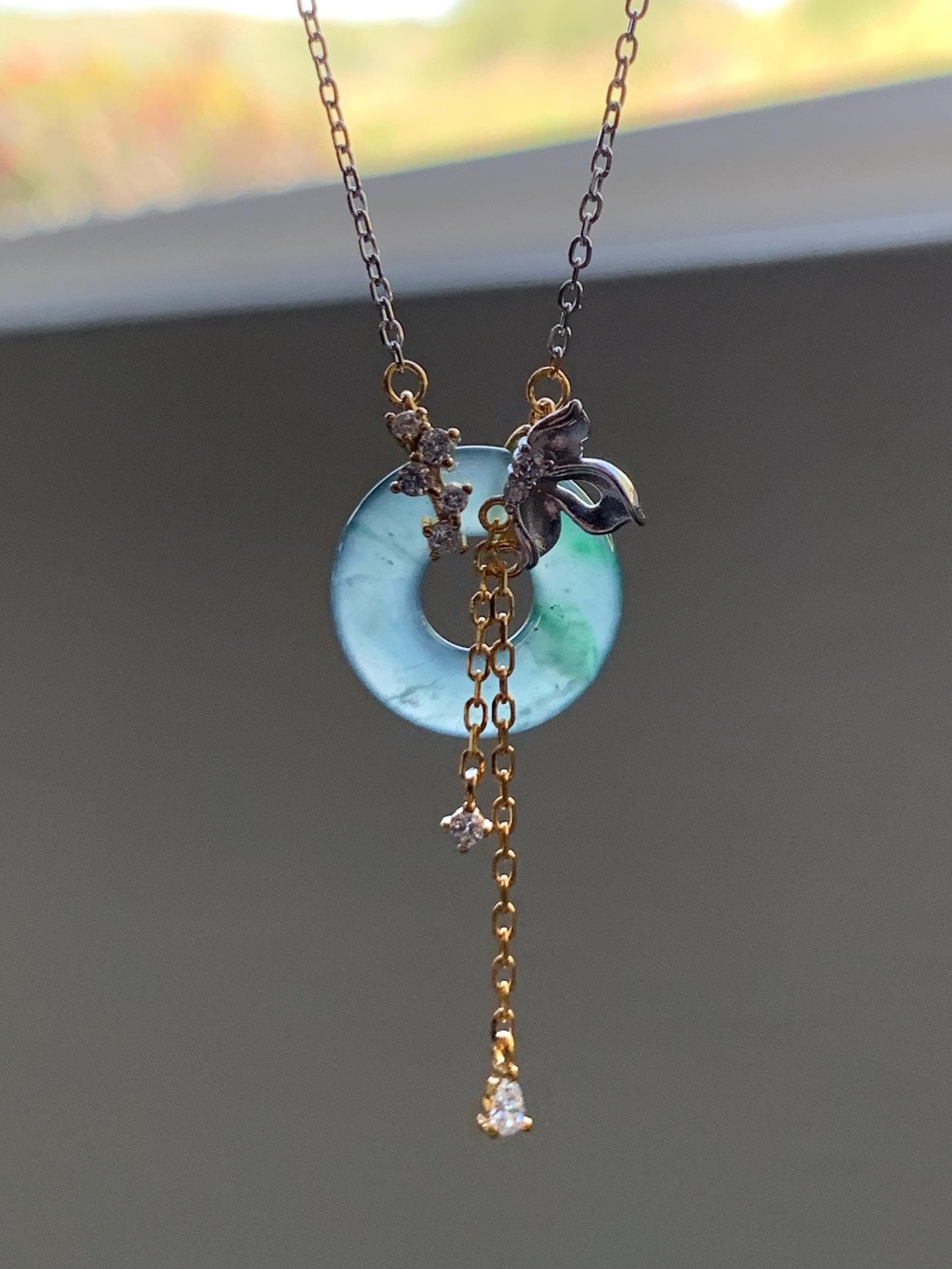 Natural Grade A Guatemalan Icy Translucent Teal Blue Green Jade Jadeite Ping An Kou Donut Necklace Sterling Silver 天然冰危蓝飘花翡翠平安扣锁骨链 WLK110