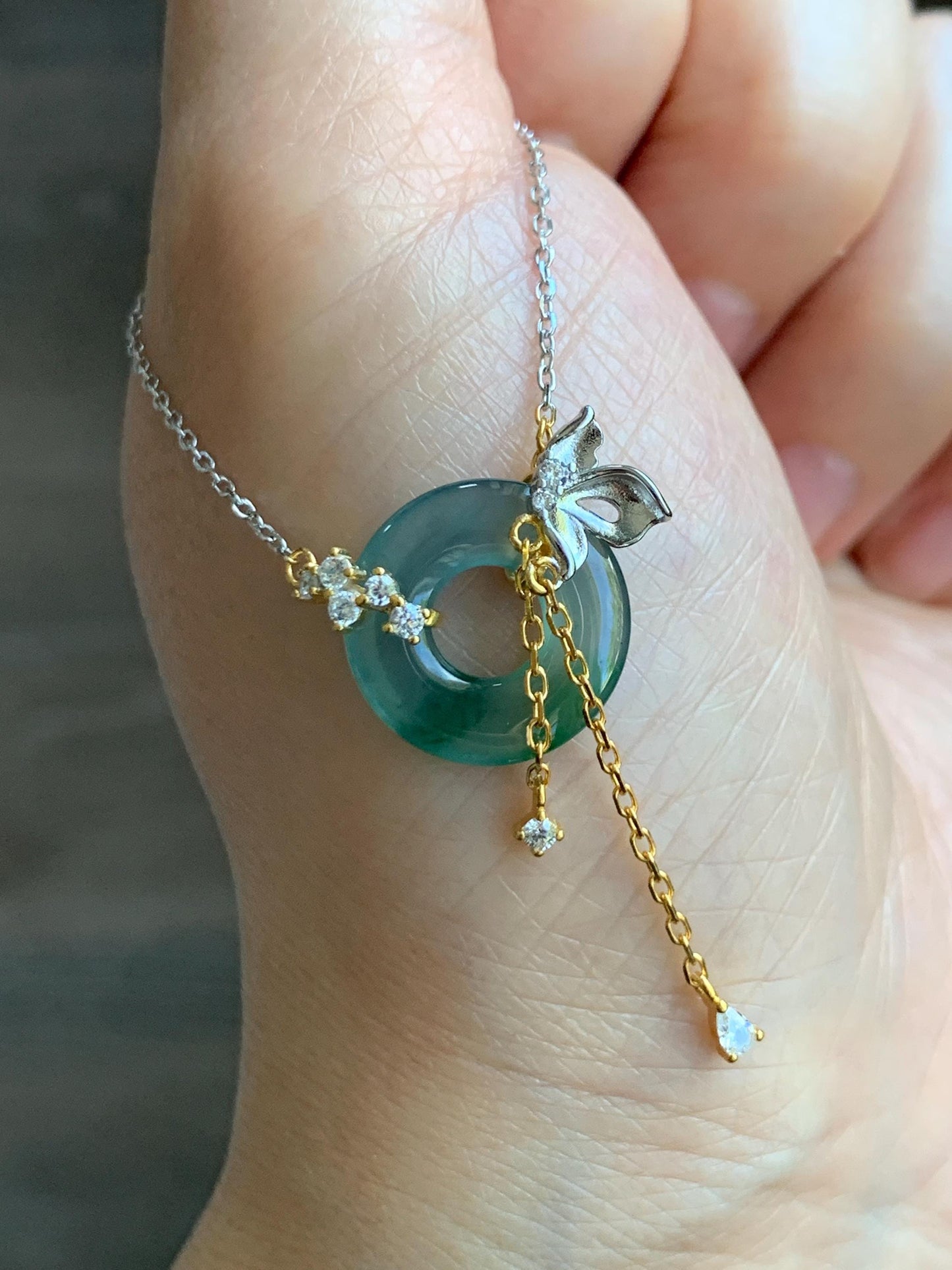 Natural Grade A Guatemalan Icy Translucent Teal Blue Green Jade Jadeite Ping An Kou Donut Necklace Sterling Silver 天然冰危蓝飘花翡翠平安扣锁骨链 WLK110