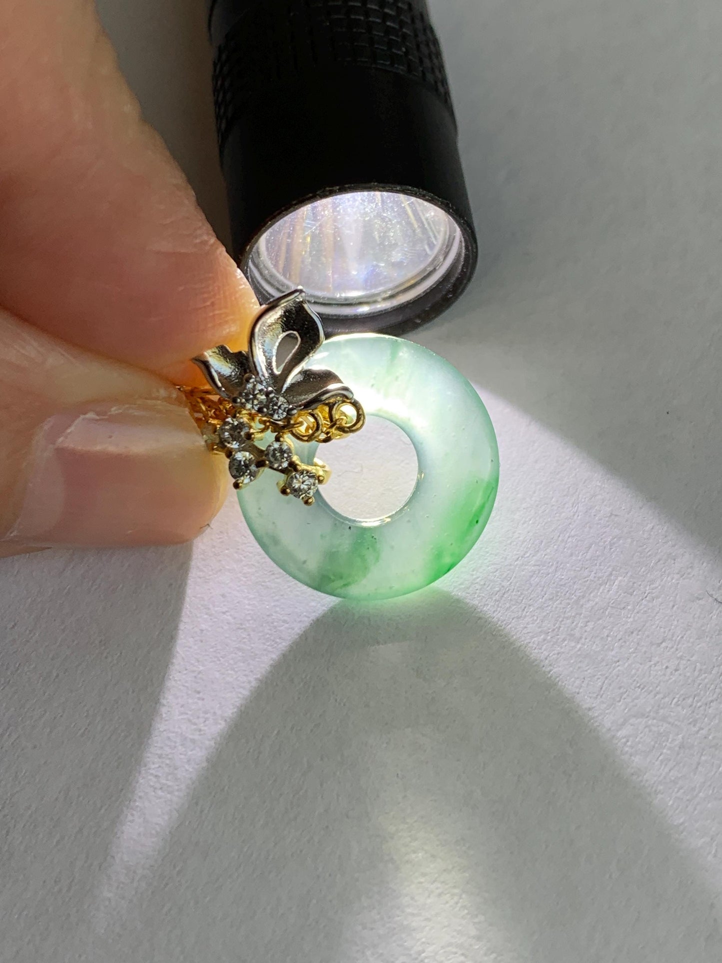 Natural Grade A Guatemalan Icy Translucent Teal Blue Green Jade Jadeite Ping An Kou Donut Necklace Sterling Silver 天然冰危蓝飘花翡翠平安扣锁骨链 WLK110