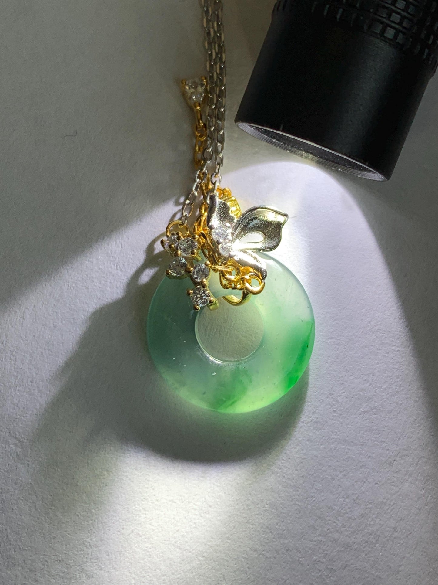 Natural Grade A Guatemalan Icy Translucent Teal Blue Green Jade Jadeite Ping An Kou Donut Necklace Sterling Silver 天然冰危蓝飘花翡翠平安扣锁骨链 WLK110