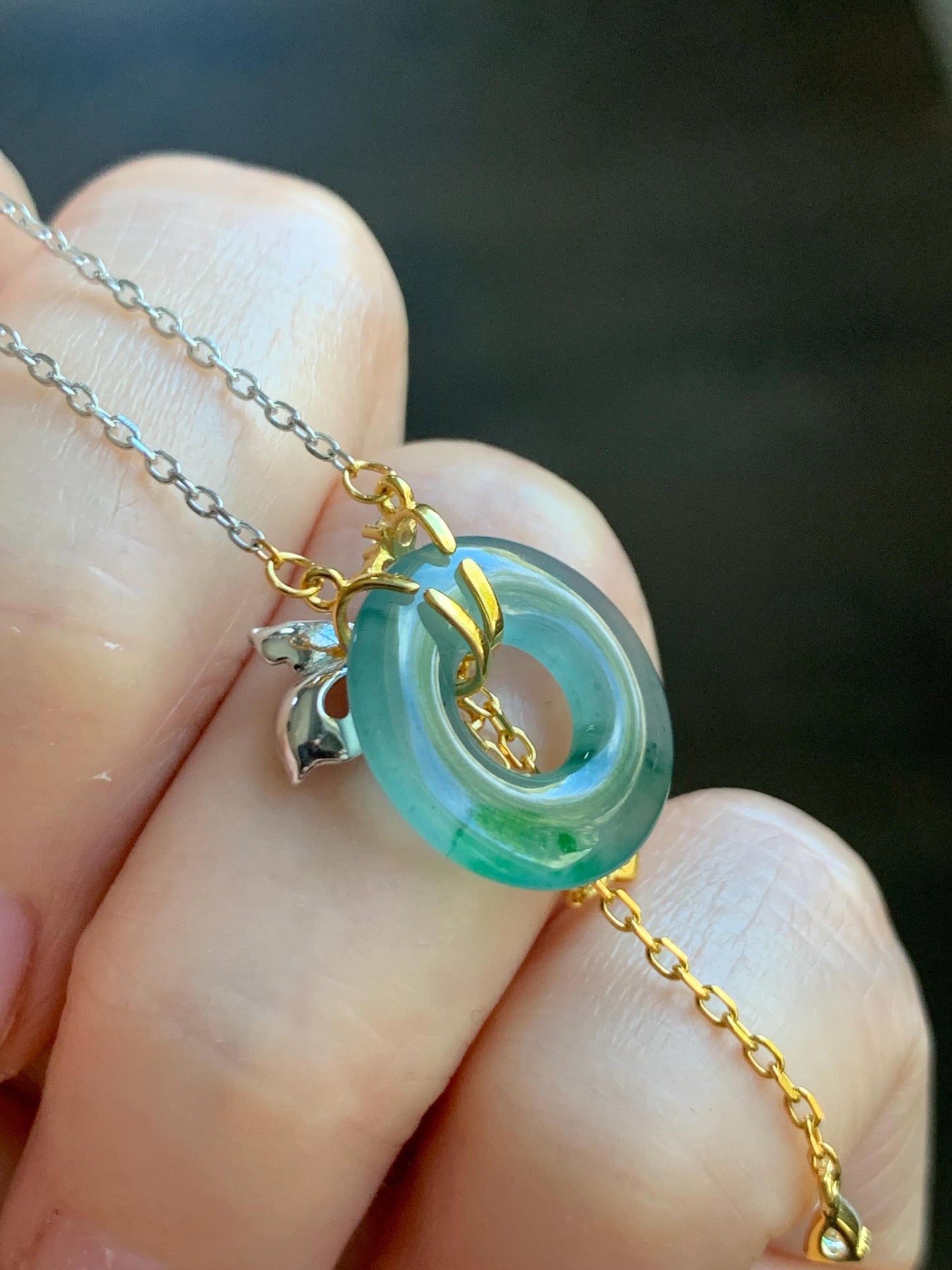 Natural Grade A Guatemalan Icy Translucent Teal Blue Green Jade Jadeite Ping An Kou Donut Necklace Sterling Silver 天然冰危蓝飘花翡翠平安扣锁骨链 WLK110