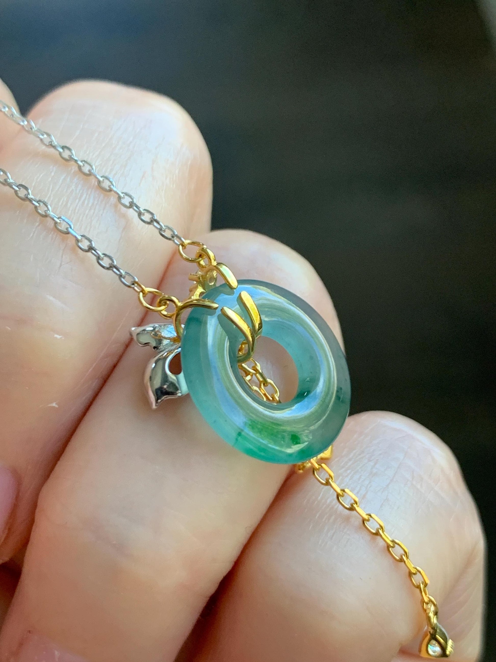 Natural Grade A Guatemalan Icy Translucent Teal Blue Green Jade Jadeite Ping An Kou Donut Necklace Sterling Silver 天然冰危蓝飘花翡翠平安扣锁骨链 WLK110