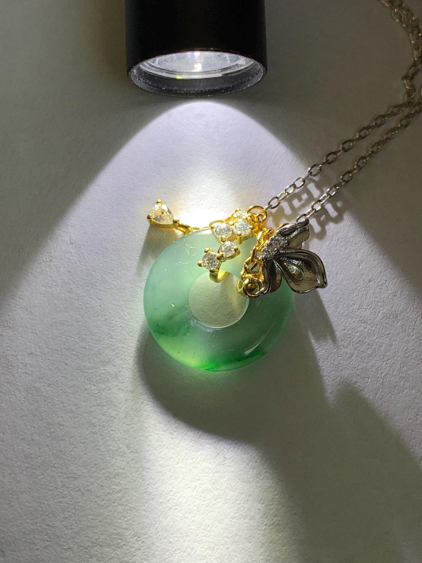 Natural Grade A Guatemalan Icy Translucent Teal Blue Green Jade Jadeite Ping An Kou Donut Necklace Sterling Silver 天然冰危蓝飘花翡翠平安扣锁骨链 WLK110
