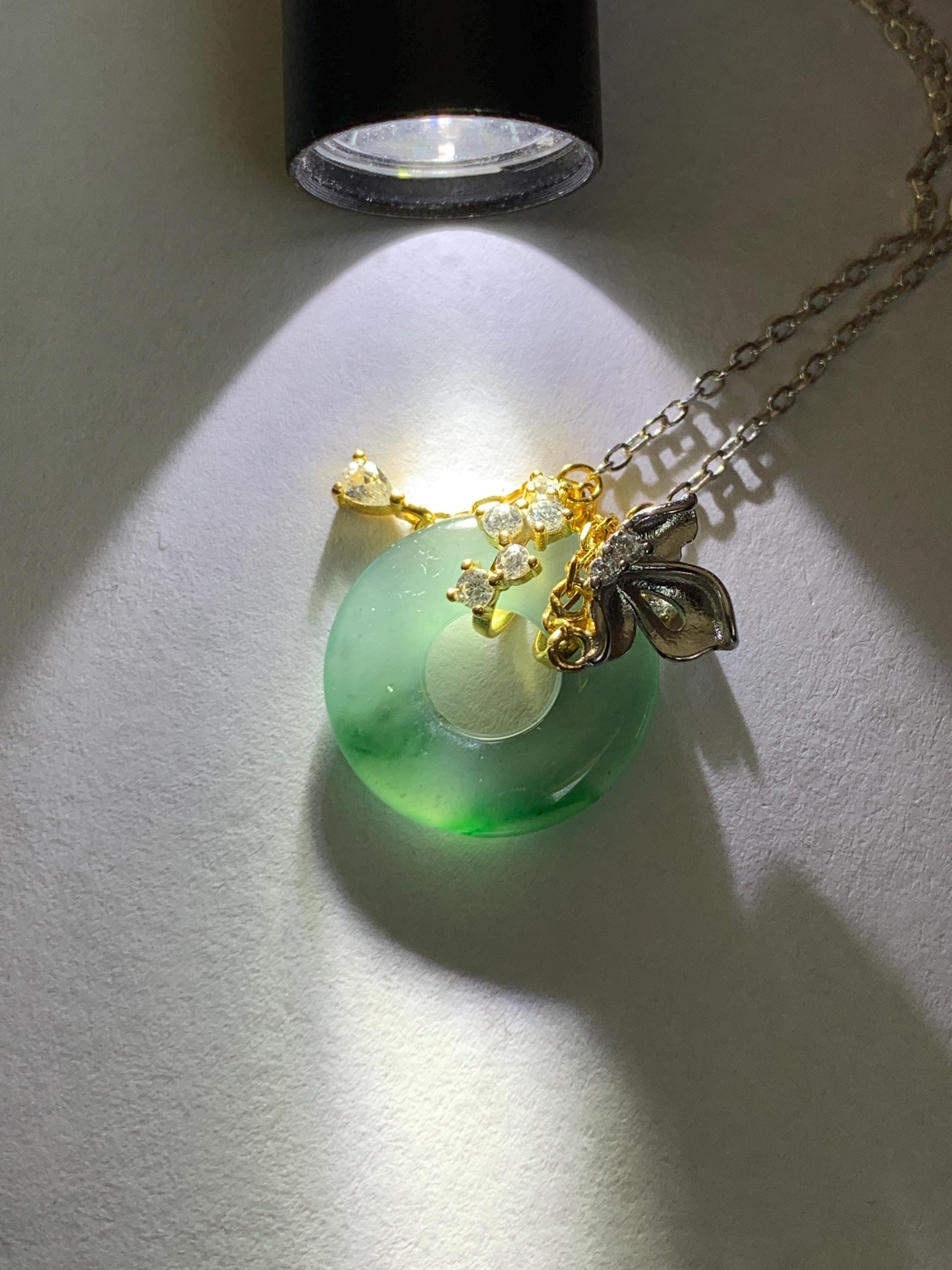 Natural Grade A Guatemalan Icy Translucent Teal Blue Green Jade Jadeite Ping An Kou Donut Necklace Sterling Silver 天然冰危蓝飘花翡翠平安扣锁骨链 WLK110