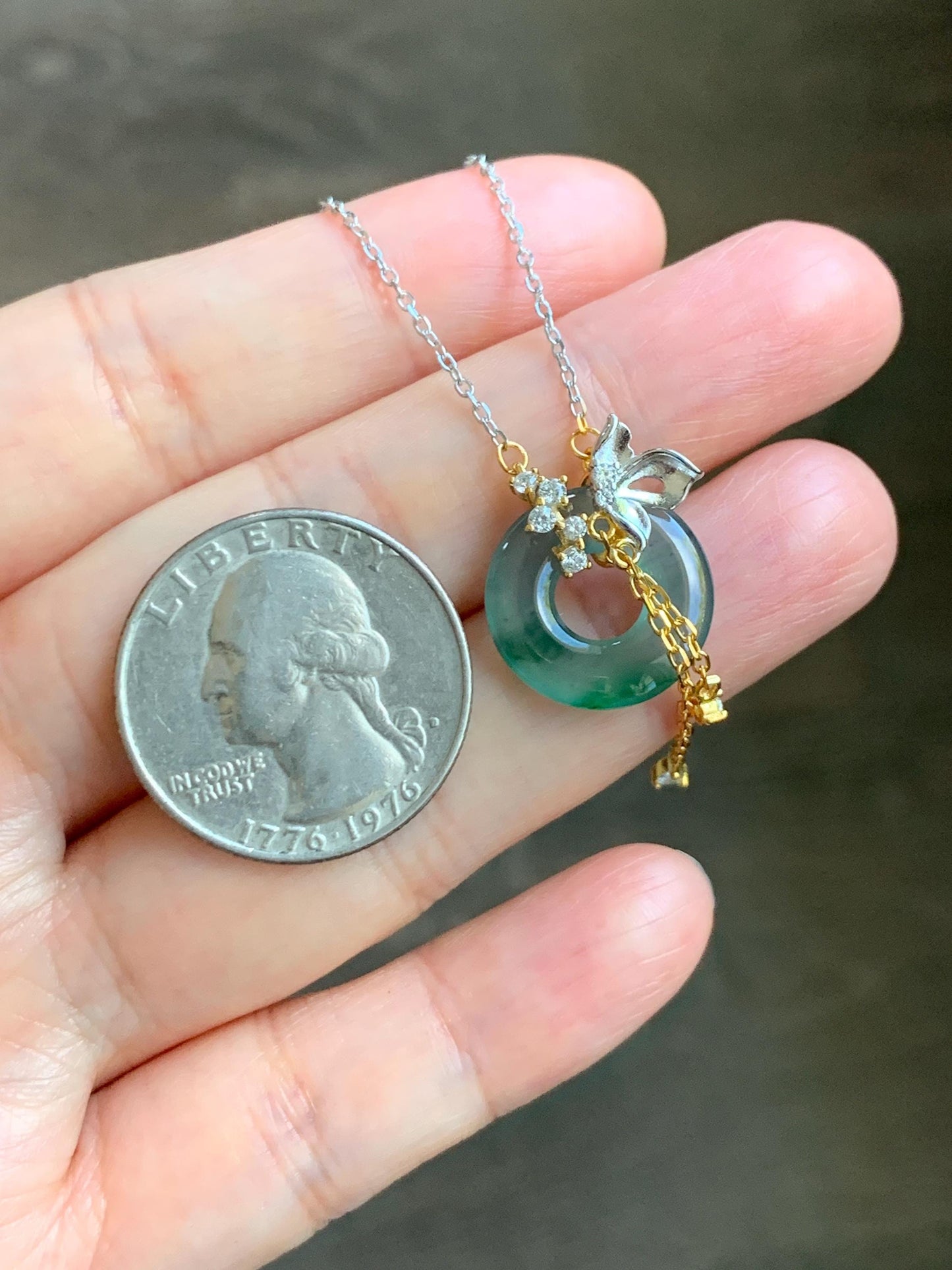 Natural Grade A Guatemalan Icy Translucent Teal Blue Green Jade Jadeite Ping An Kou Donut Necklace Sterling Silver 天然冰危蓝飘花翡翠平安扣锁骨链 WLK110