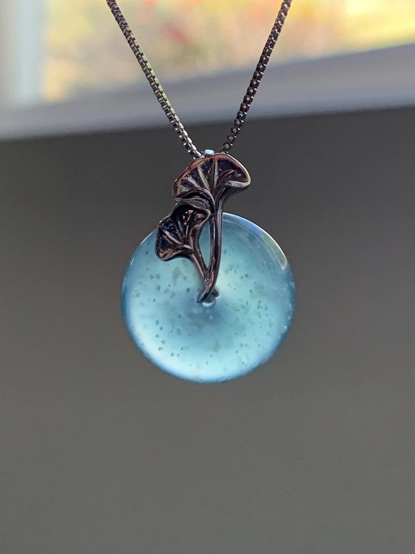 Certified Natural Grade A Guatemalan Icy Translucent Dark Teal Jadeite Ping An Kou Donut Ginkgo Pendant Sterling Silver 天然冰危蓝绿翡翠平安扣吊坠 3767