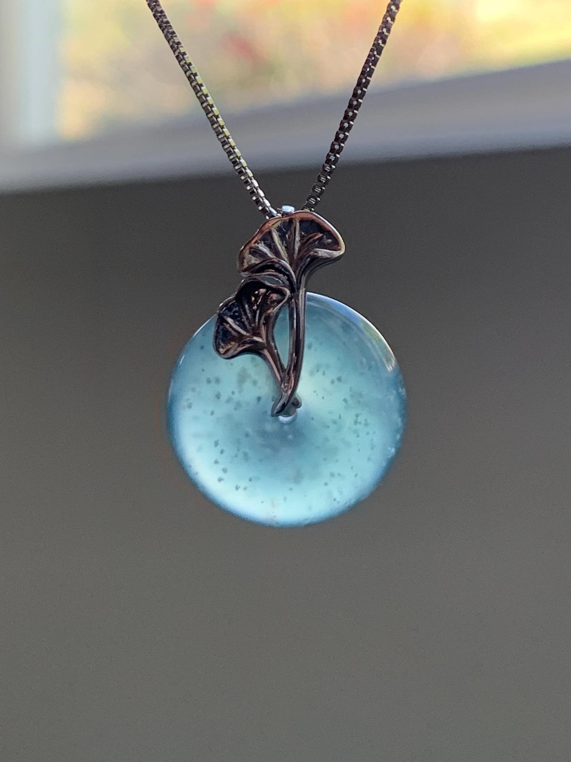 Certified Natural Grade A Guatemalan Icy Translucent Dark Teal Jadeite Ping An Kou Donut Ginkgo Pendant Sterling Silver 天然冰危蓝绿翡翠平安扣吊坠 3767