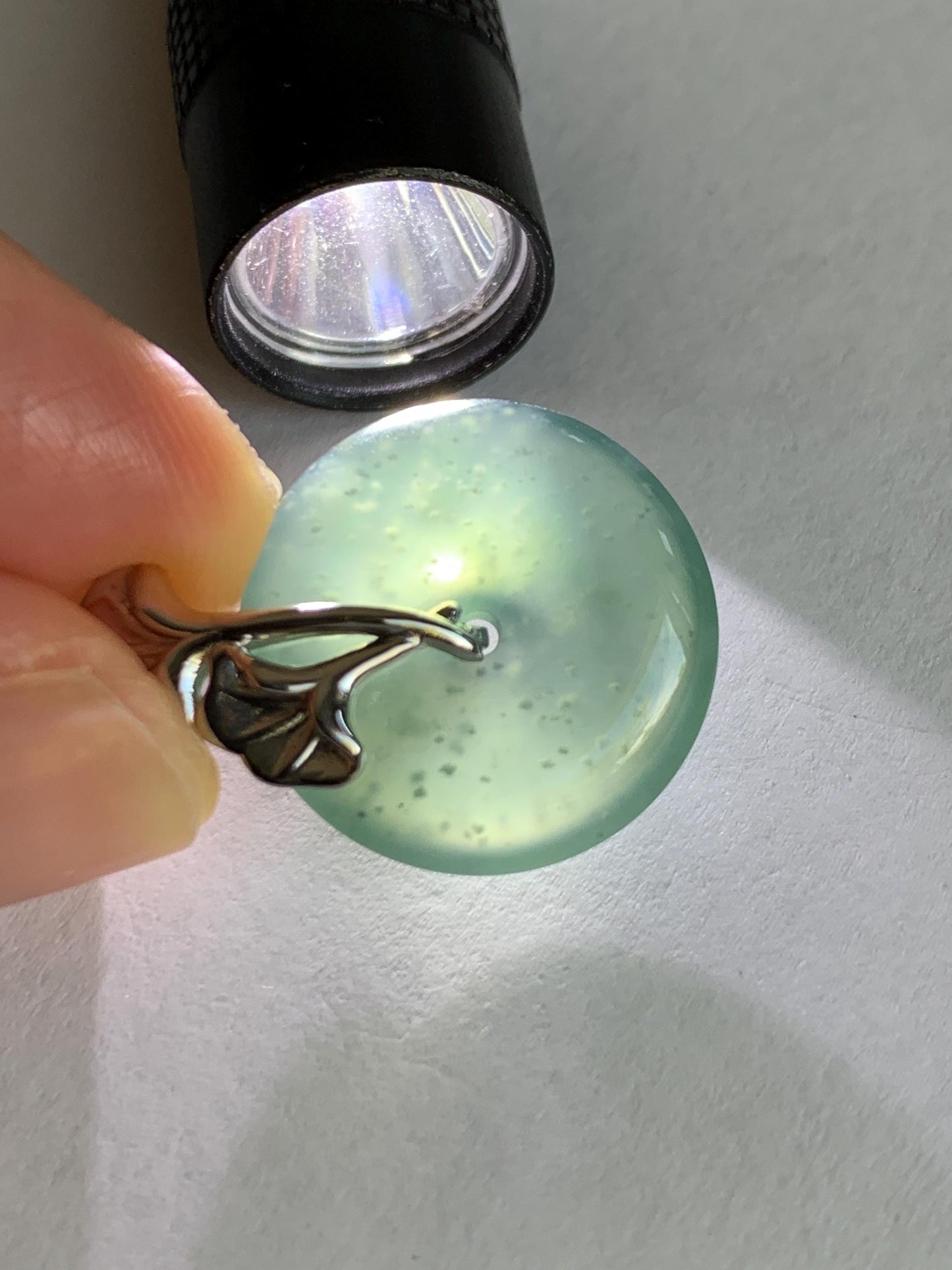 Certified Natural Grade A Guatemalan Icy Translucent Dark Teal Jadeite Ping An Kou Donut Ginkgo Pendant Sterling Silver 天然冰危蓝绿翡翠平安扣吊坠 3767
