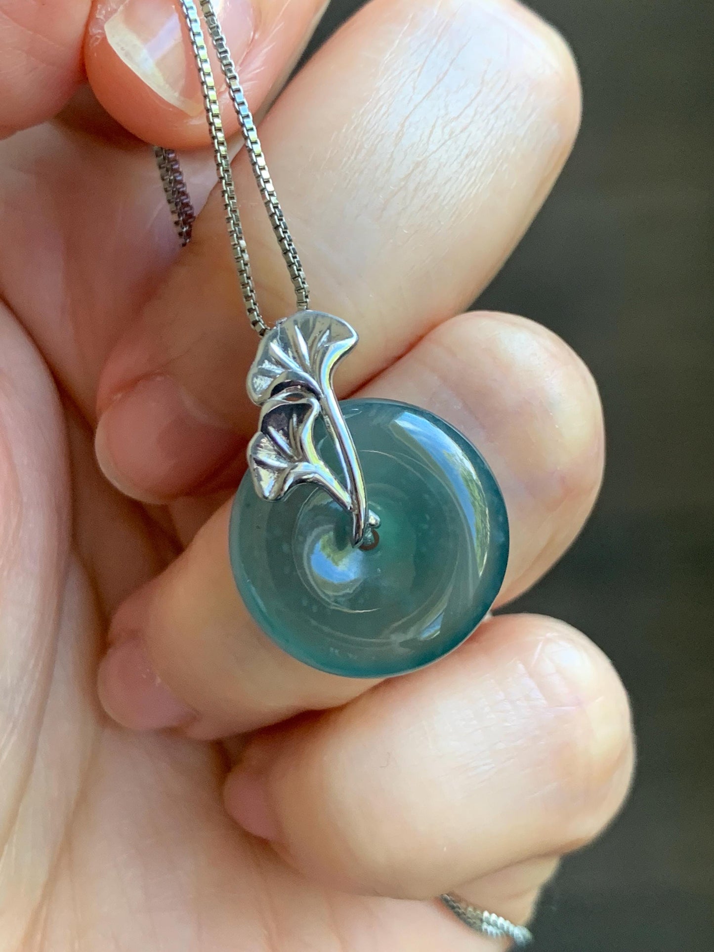 Certified Natural Grade A Guatemalan Icy Translucent Dark Teal Jadeite Ping An Kou Donut Ginkgo Pendant Sterling Silver 天然冰危蓝绿翡翠平安扣吊坠 3767