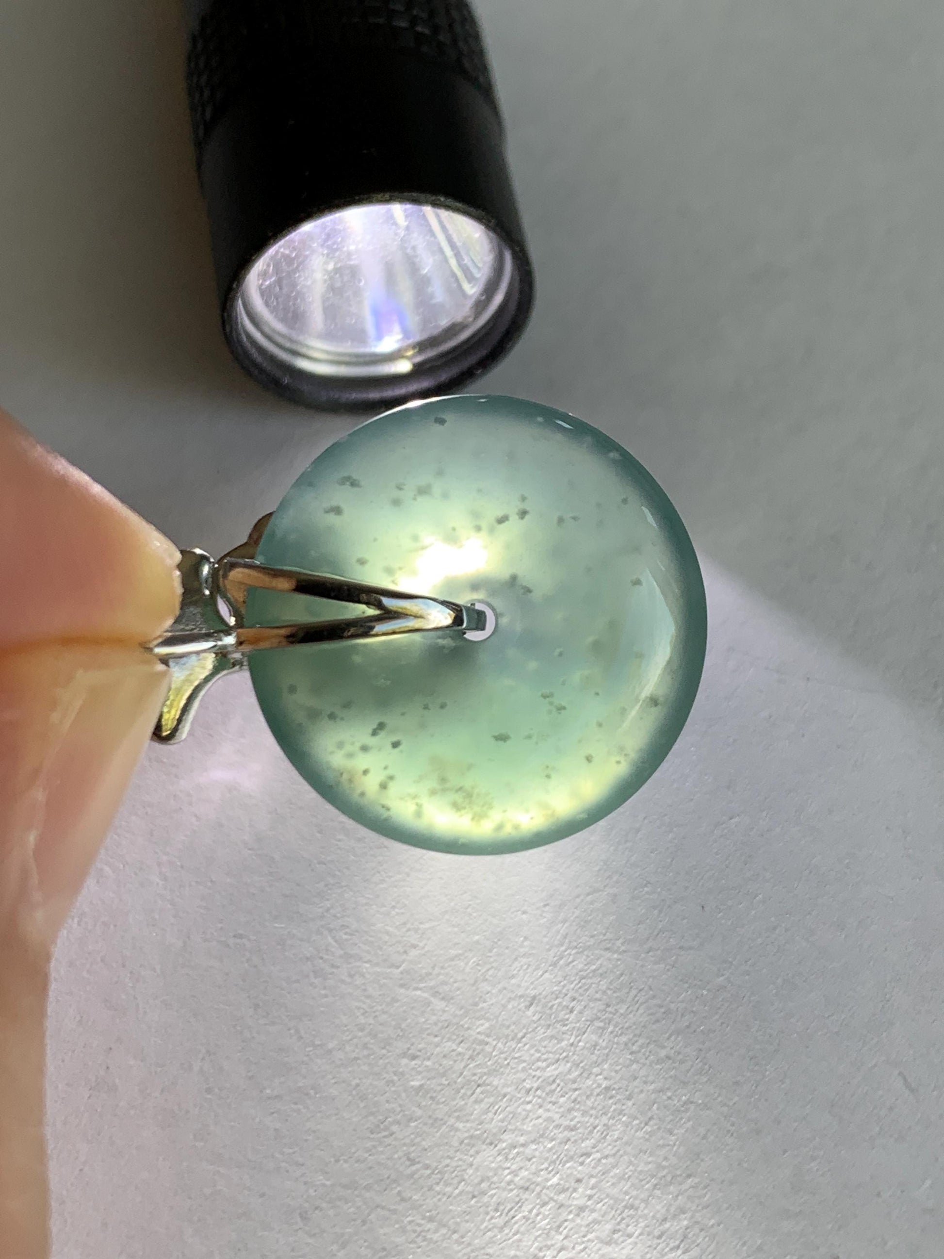 Certified Natural Grade A Guatemalan Icy Translucent Dark Teal Jadeite Ping An Kou Donut Ginkgo Pendant Sterling Silver 天然冰危蓝绿翡翠平安扣吊坠 3767