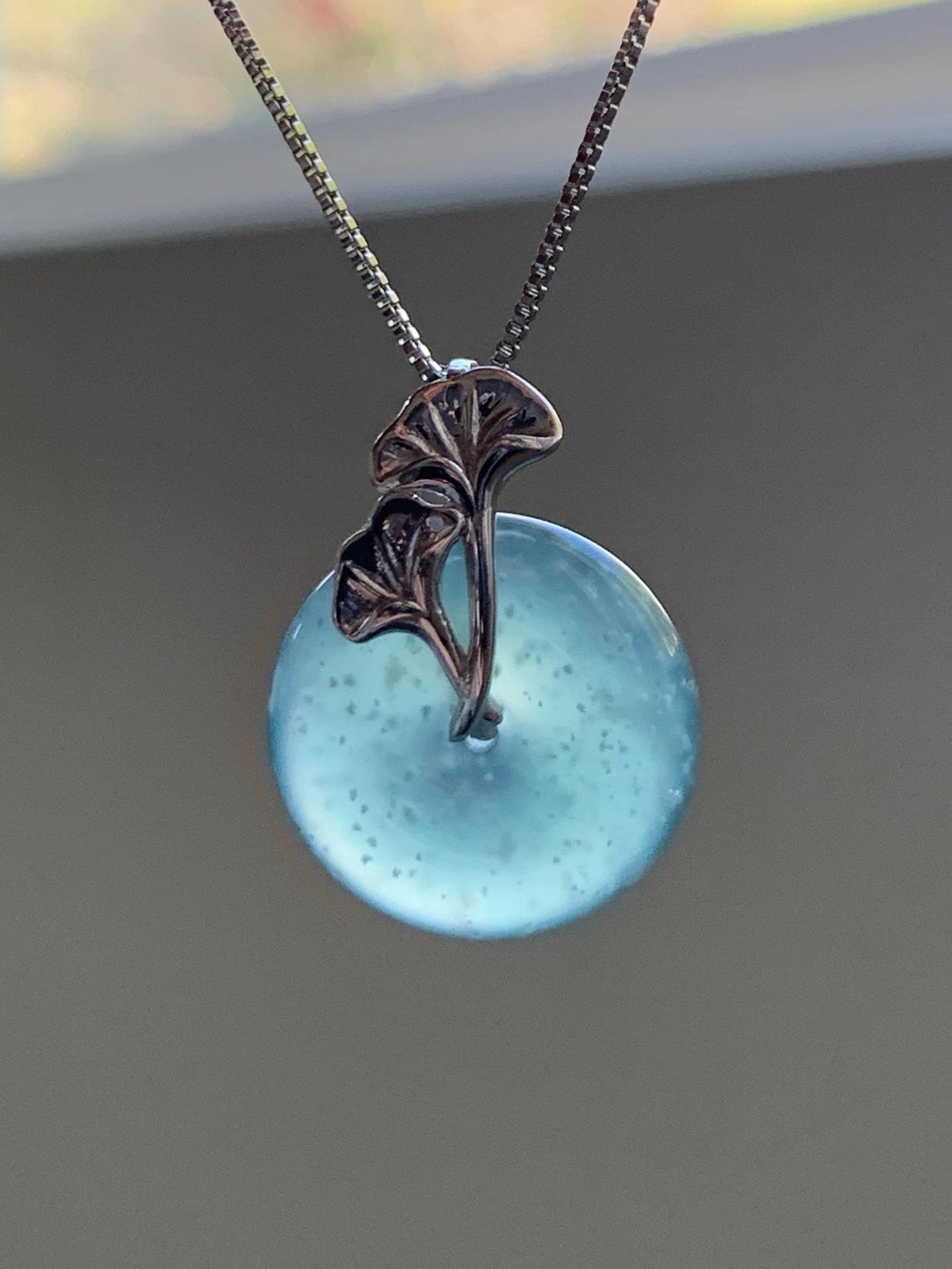 Certified Natural Grade A Guatemalan Icy Translucent Dark Teal Jadeite Ping An Kou Donut Ginkgo Pendant Sterling Silver 天然冰危蓝绿翡翠平安扣吊坠 3767