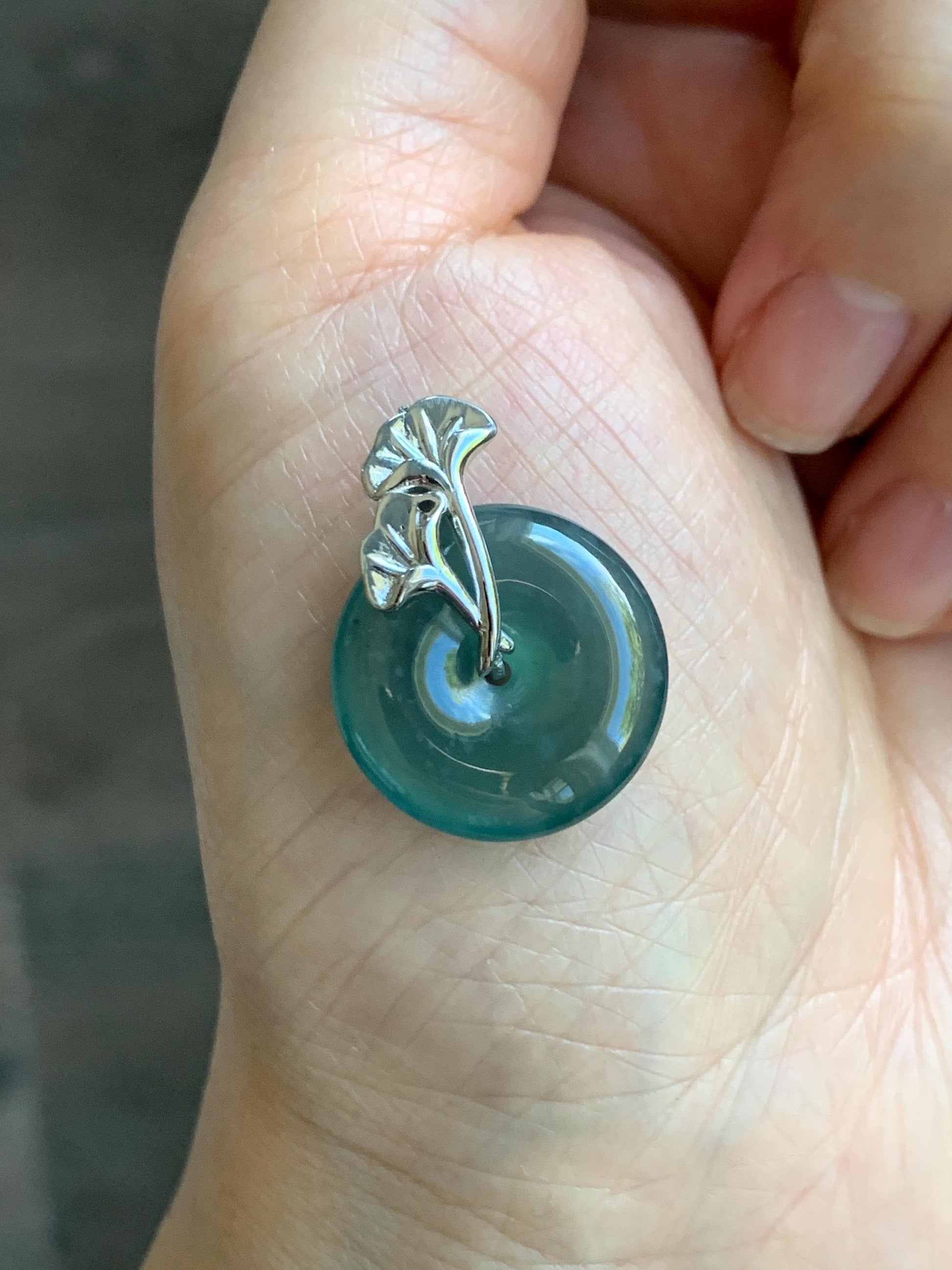 Certified Natural Grade A Guatemalan Icy Translucent Dark Teal Jadeite Ping An Kou Donut Ginkgo Pendant Sterling Silver 天然冰危蓝绿翡翠平安扣吊坠 3767