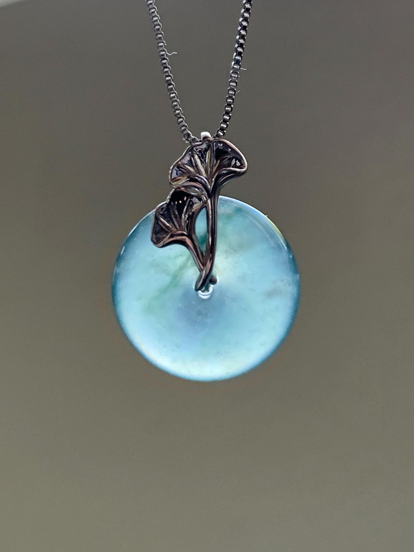 Certified Natural Grade A Guatemalan Icy Translucent Dark Teal Jadeite Ping An Kou Donut Ginkgo Pendant Sterling Silver 天然冰危蓝绿翡翠平安扣吊坠 3764