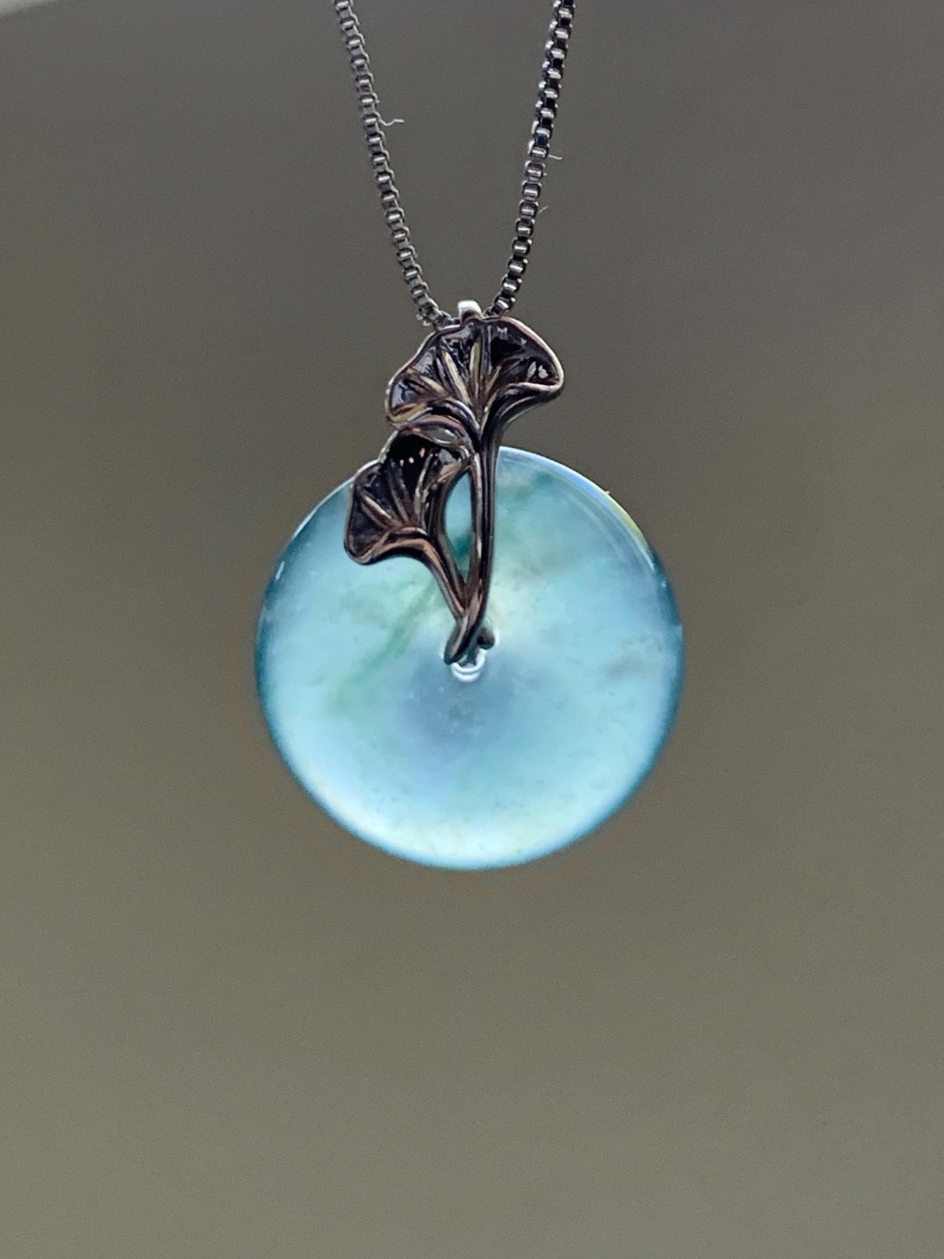 Certified Natural Grade A Guatemalan Icy Translucent Dark Teal Jadeite Ping An Kou Donut Ginkgo Pendant Sterling Silver 天然冰危蓝绿翡翠平安扣吊坠 3764