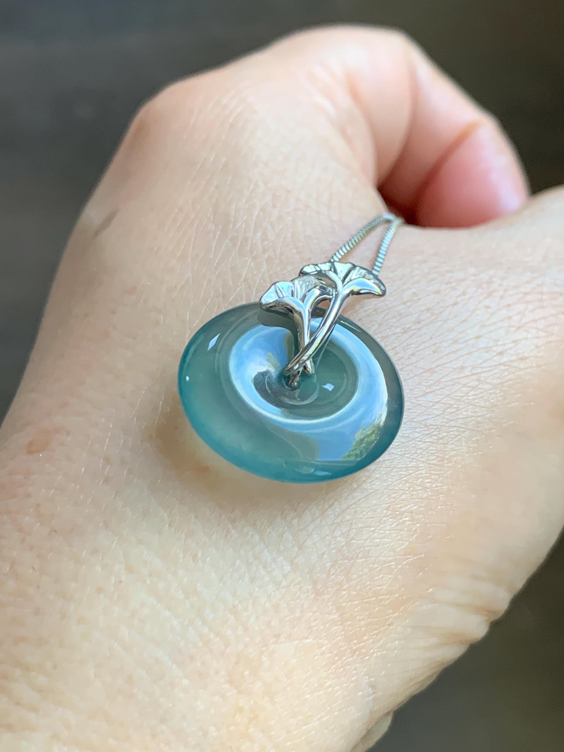 Certified Natural Grade A Guatemalan Icy Translucent Dark Teal Jadeite Ping An Kou Donut Ginkgo Pendant Sterling Silver 天然冰危蓝绿翡翠平安扣吊坠 3764