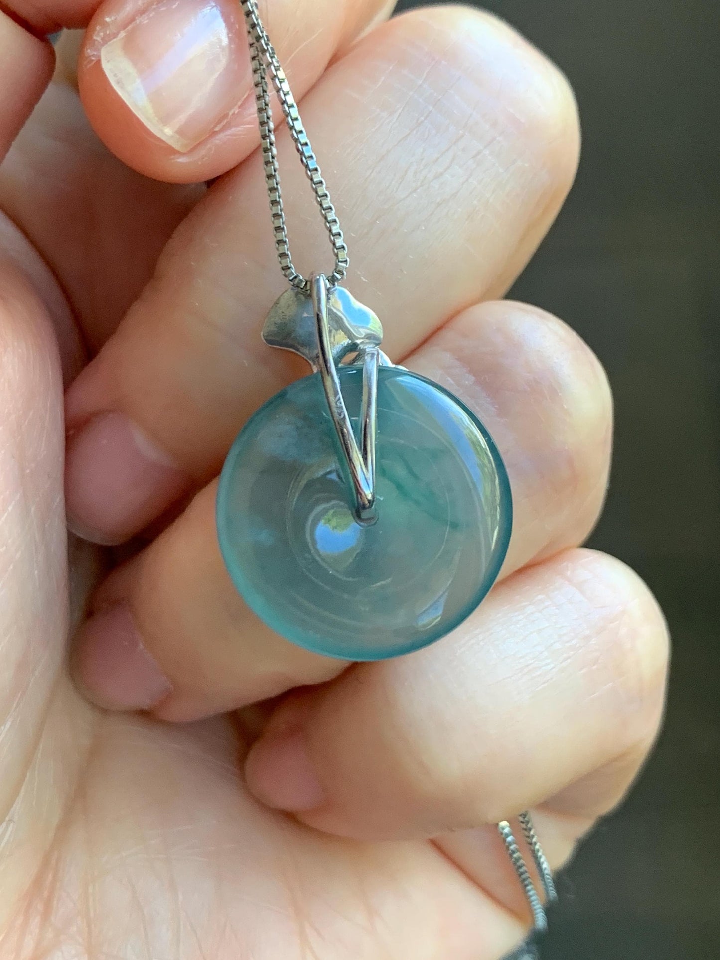 Certified Natural Grade A Guatemalan Icy Translucent Dark Teal Jadeite Ping An Kou Donut Ginkgo Pendant Sterling Silver 天然冰危蓝绿翡翠平安扣吊坠 3764