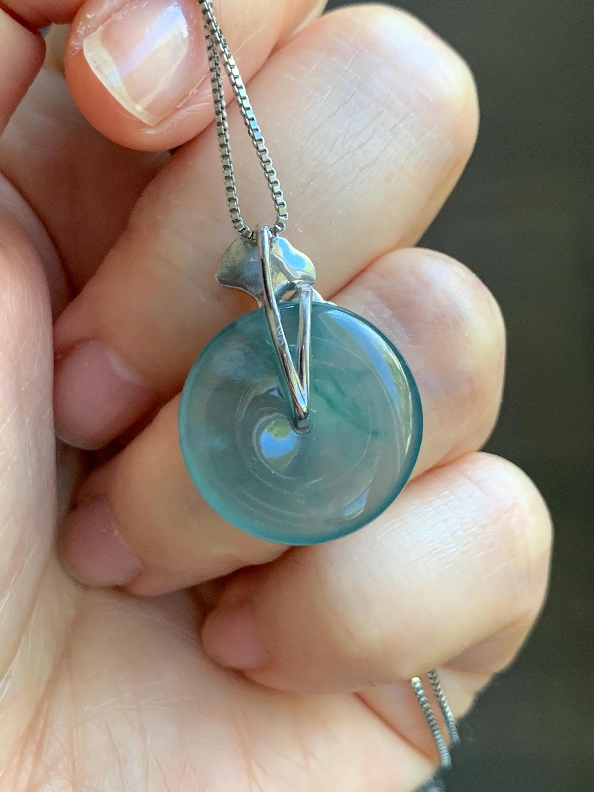 Certified Natural Grade A Guatemalan Icy Translucent Dark Teal Jadeite Ping An Kou Donut Ginkgo Pendant Sterling Silver 天然冰危蓝绿翡翠平安扣吊坠 3764