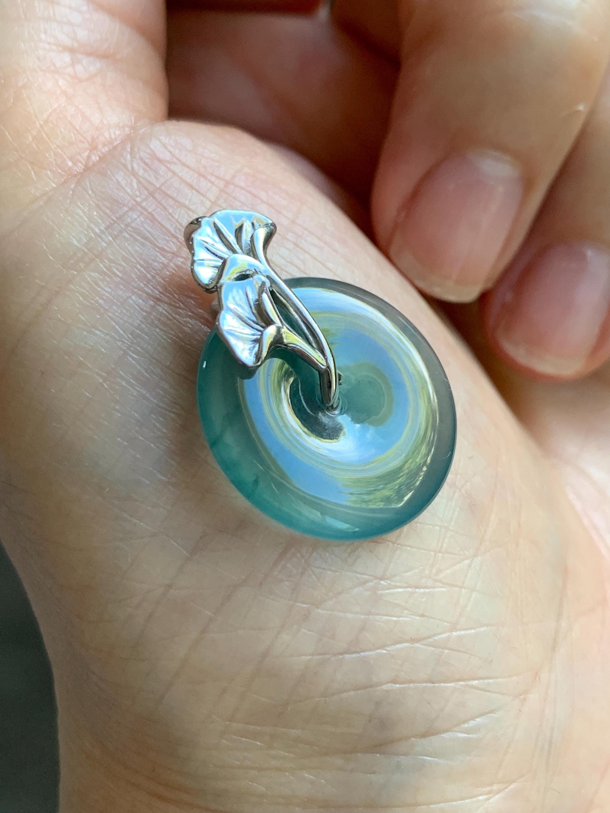 Certified Natural Grade A Guatemalan Icy Translucent Dark Teal Jadeite Ping An Kou Donut Ginkgo Pendant Sterling Silver 天然冰危蓝绿翡翠平安扣吊坠 3764