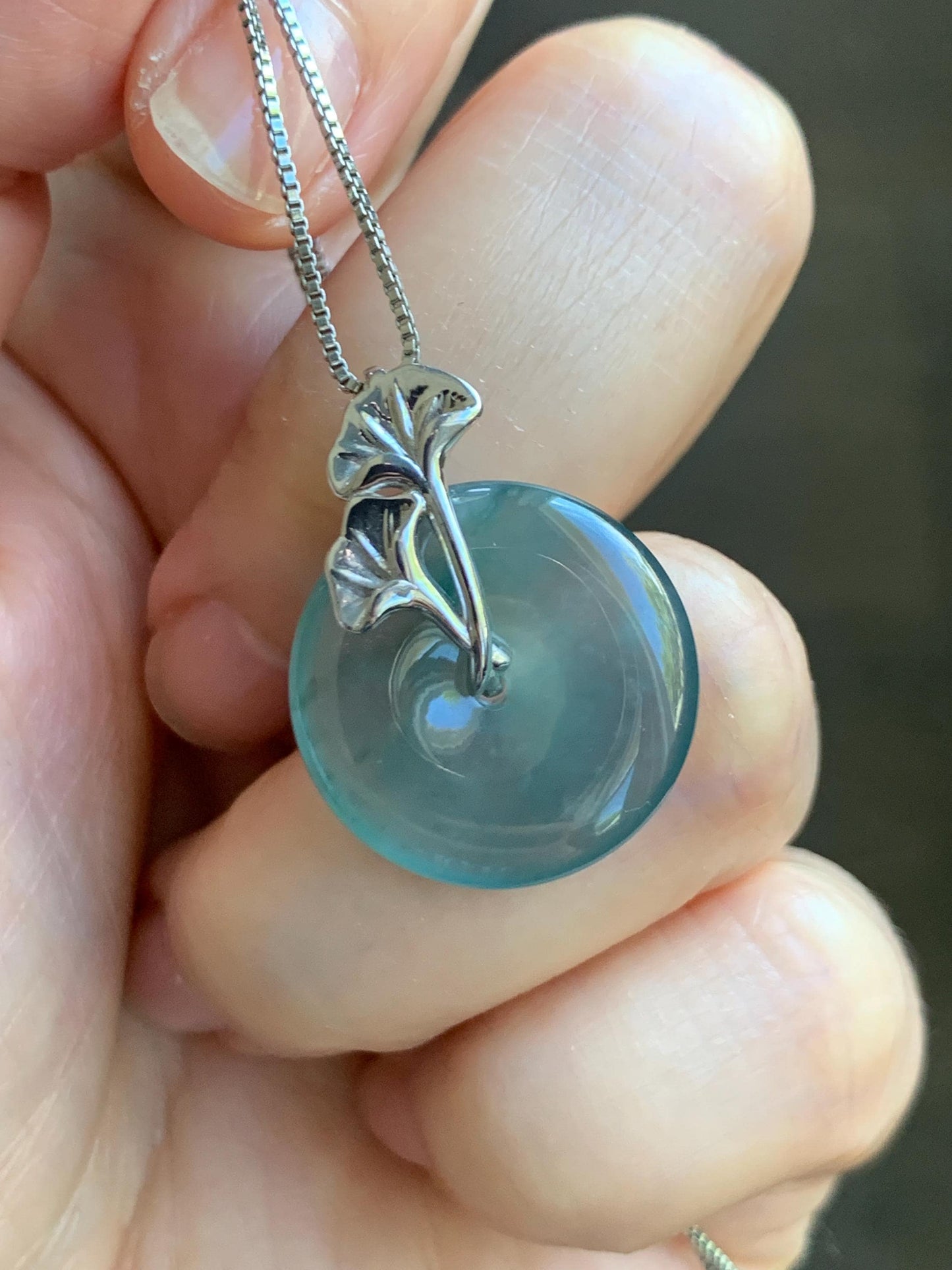 Certified Natural Grade A Guatemalan Icy Translucent Dark Teal Jadeite Ping An Kou Donut Ginkgo Pendant Sterling Silver 天然冰危蓝绿翡翠平安扣吊坠 3764