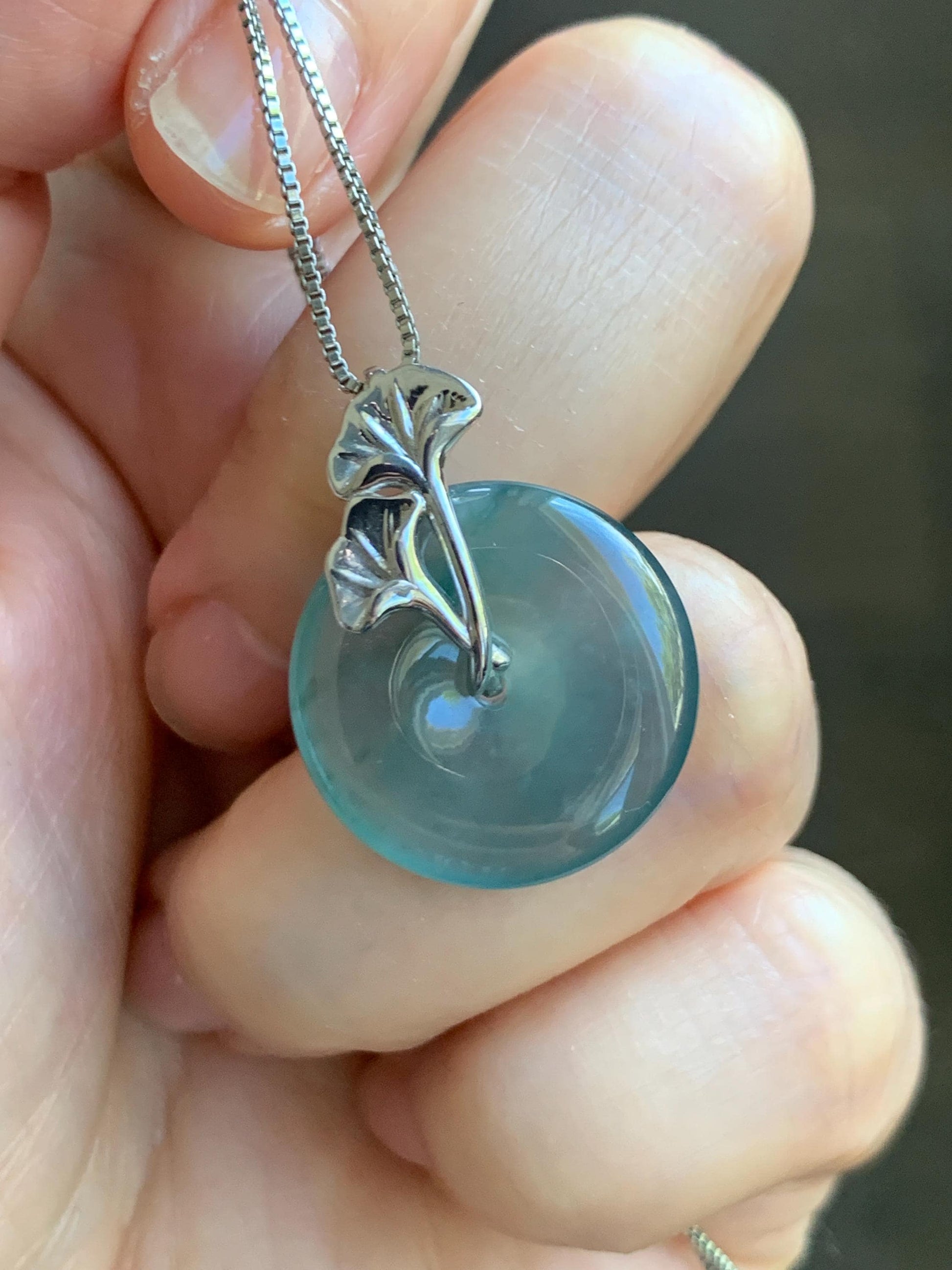Certified Natural Grade A Guatemalan Icy Translucent Dark Teal Jadeite Ping An Kou Donut Ginkgo Pendant Sterling Silver 天然冰危蓝绿翡翠平安扣吊坠 3764