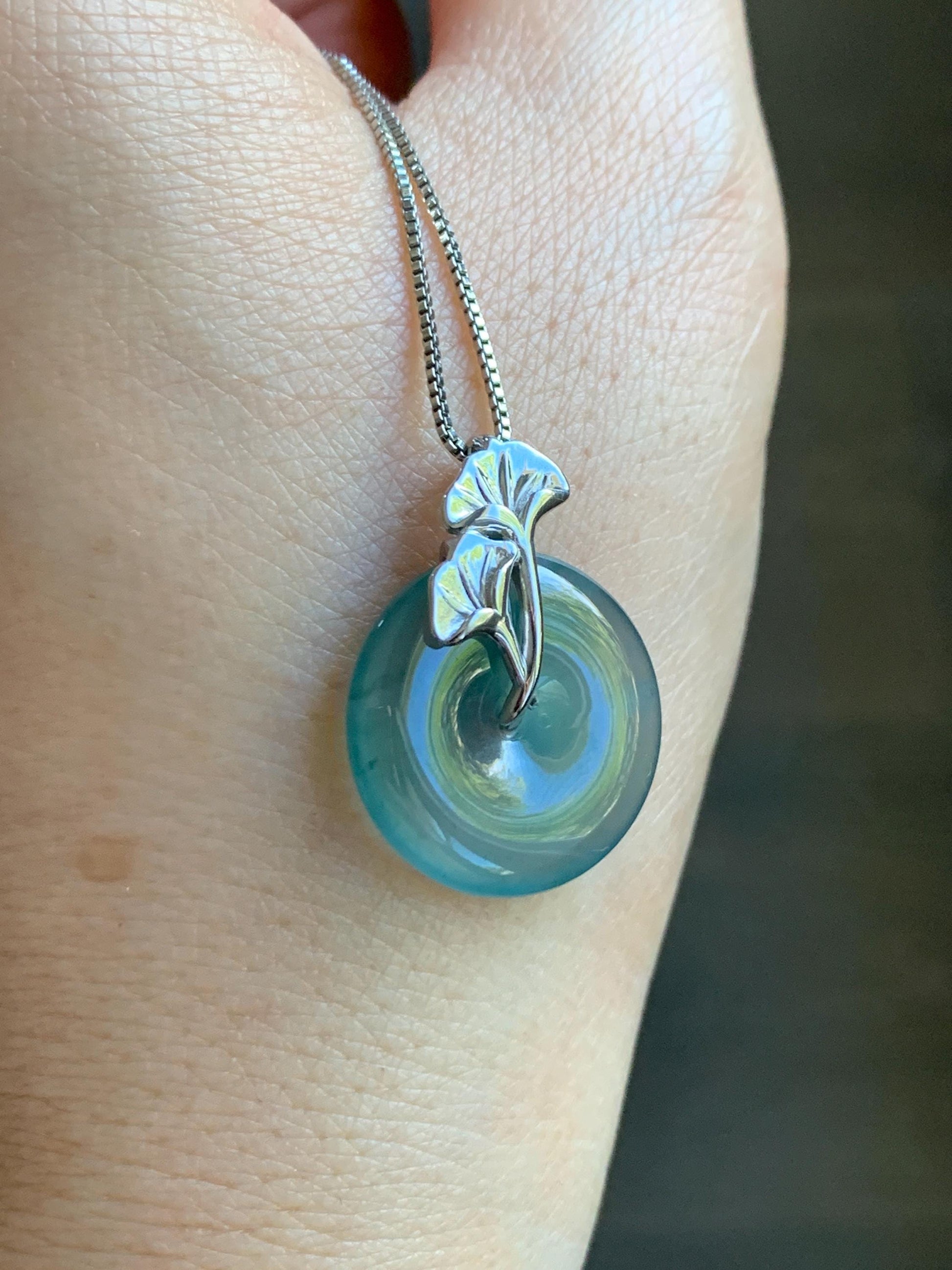 Certified Natural Grade A Guatemalan Icy Translucent Dark Teal Jadeite Ping An Kou Donut Ginkgo Pendant Sterling Silver 天然冰危蓝绿翡翠平安扣吊坠 3764