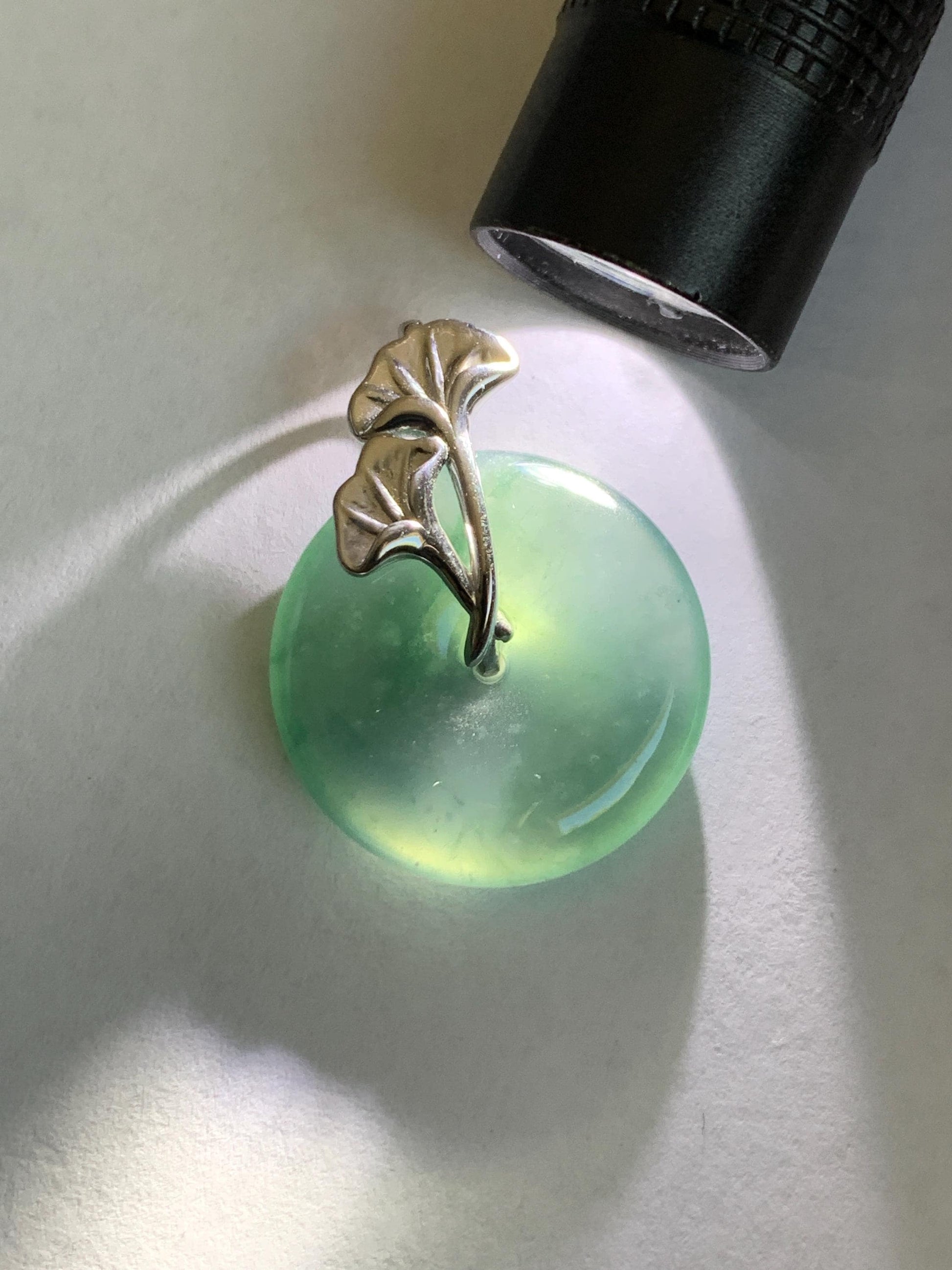 Certified Natural Grade A Guatemalan Icy Translucent Dark Teal Jadeite Ping An Kou Donut Ginkgo Pendant Sterling Silver 天然冰危蓝绿翡翠平安扣吊坠 3764