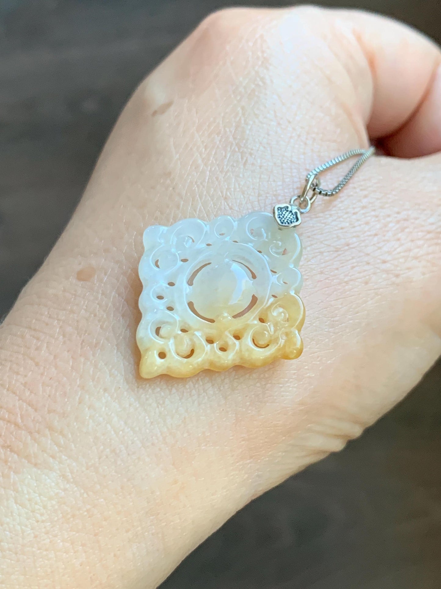 Natural Grade A Icy Translucent White Yellow Marbled Jade Jadeite Openwork Engraved Diamond Pendant Sterling Silver 天然冰白飘黄翡翠双面雕吊坠 FGD95Y