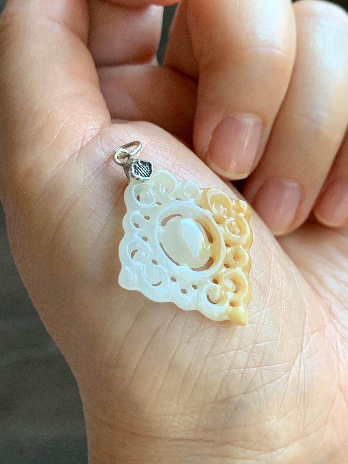 Natural Grade A Icy Translucent White Yellow Marbled Jade Jadeite Openwork Engraved Diamond Pendant Sterling Silver 天然冰白飘黄翡翠双面雕吊坠 FGD95Y