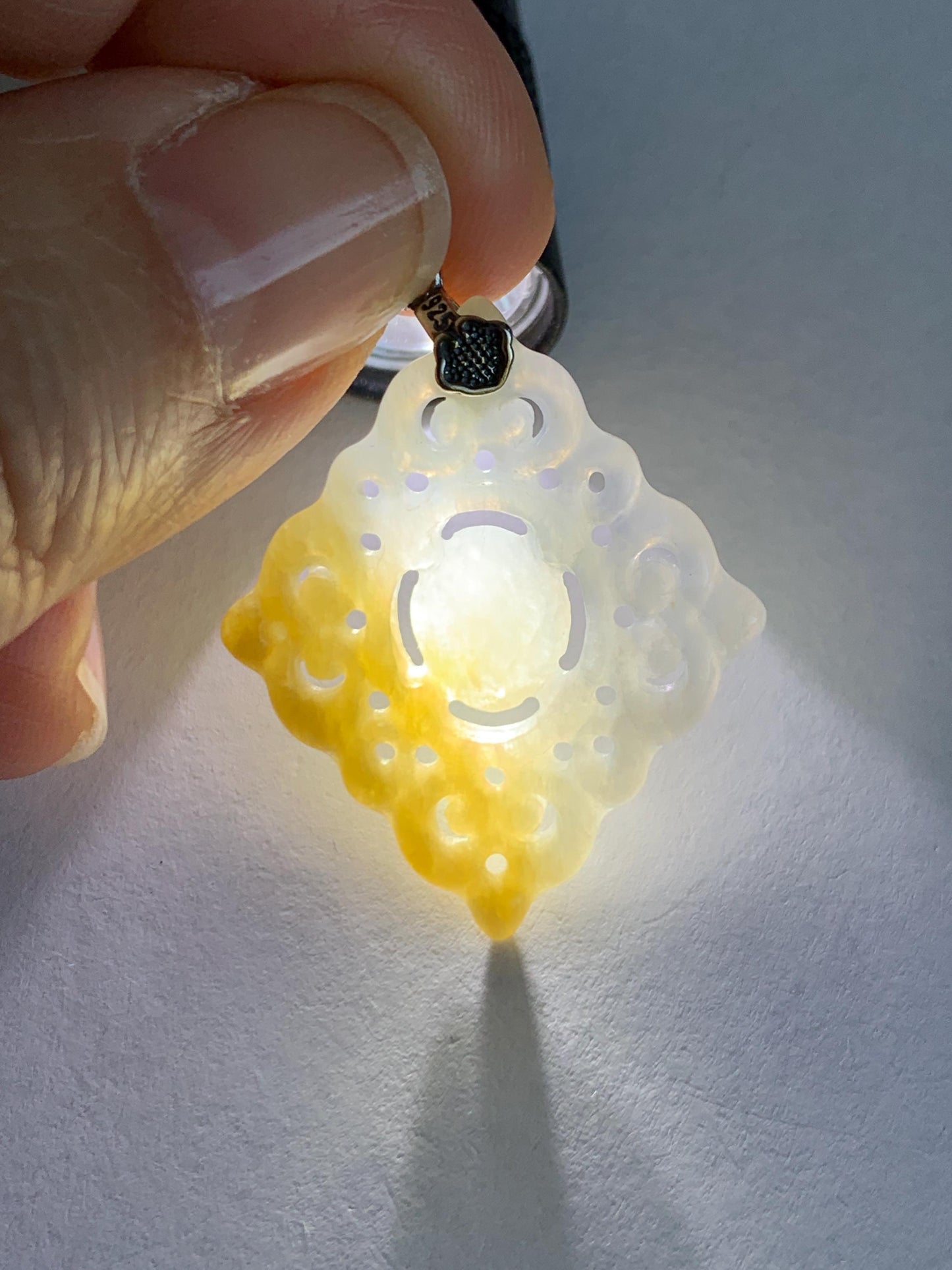Natural Grade A Icy Translucent White Yellow Marbled Jade Jadeite Openwork Engraved Diamond Pendant Sterling Silver 天然冰白飘黄翡翠双面雕吊坠 FGD95Y