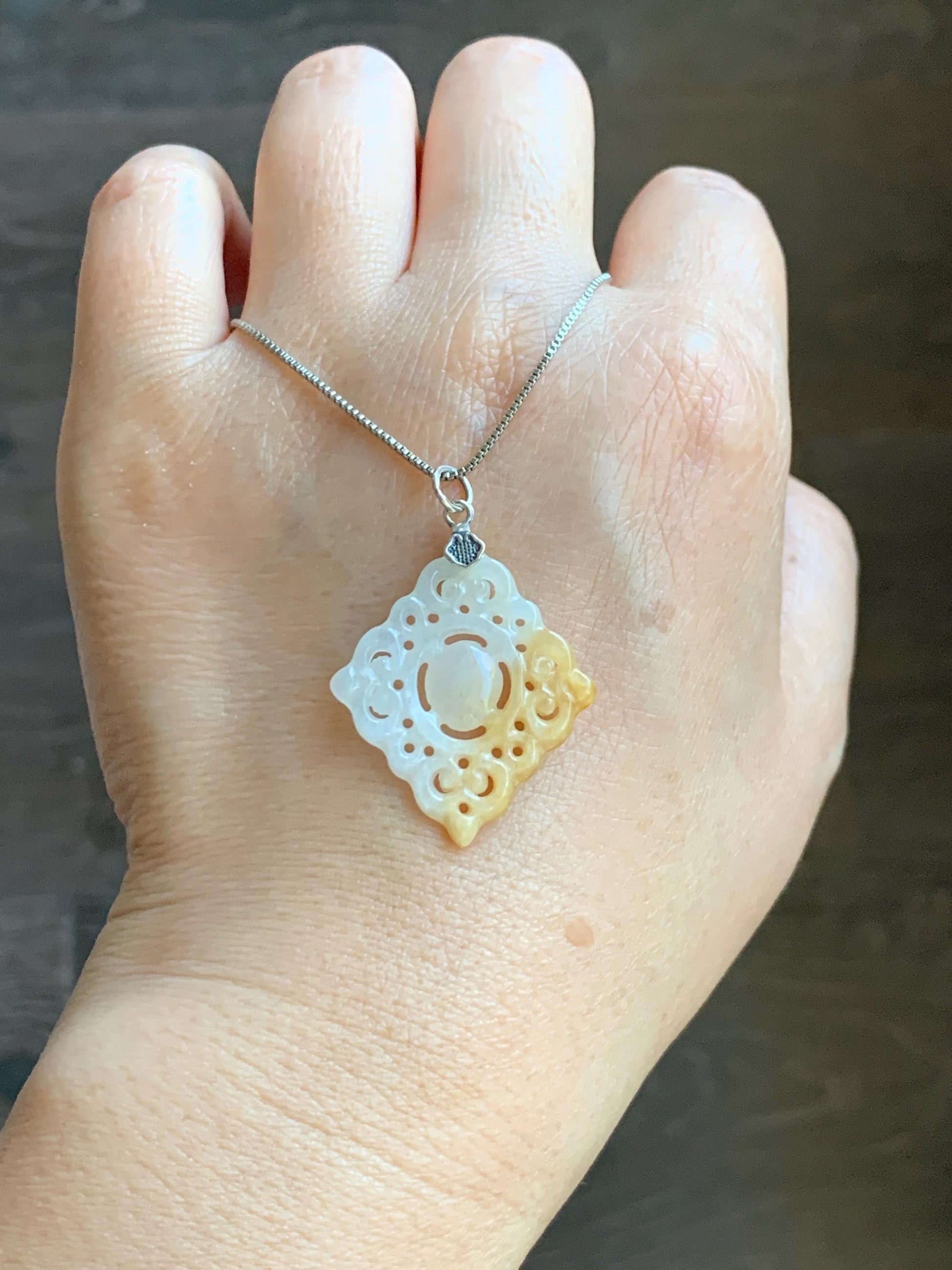 Natural Grade A Icy Translucent White Yellow Marbled Jade Jadeite Openwork Engraved Diamond Pendant Sterling Silver 天然冰白飘黄翡翠双面雕吊坠 FGD95Y