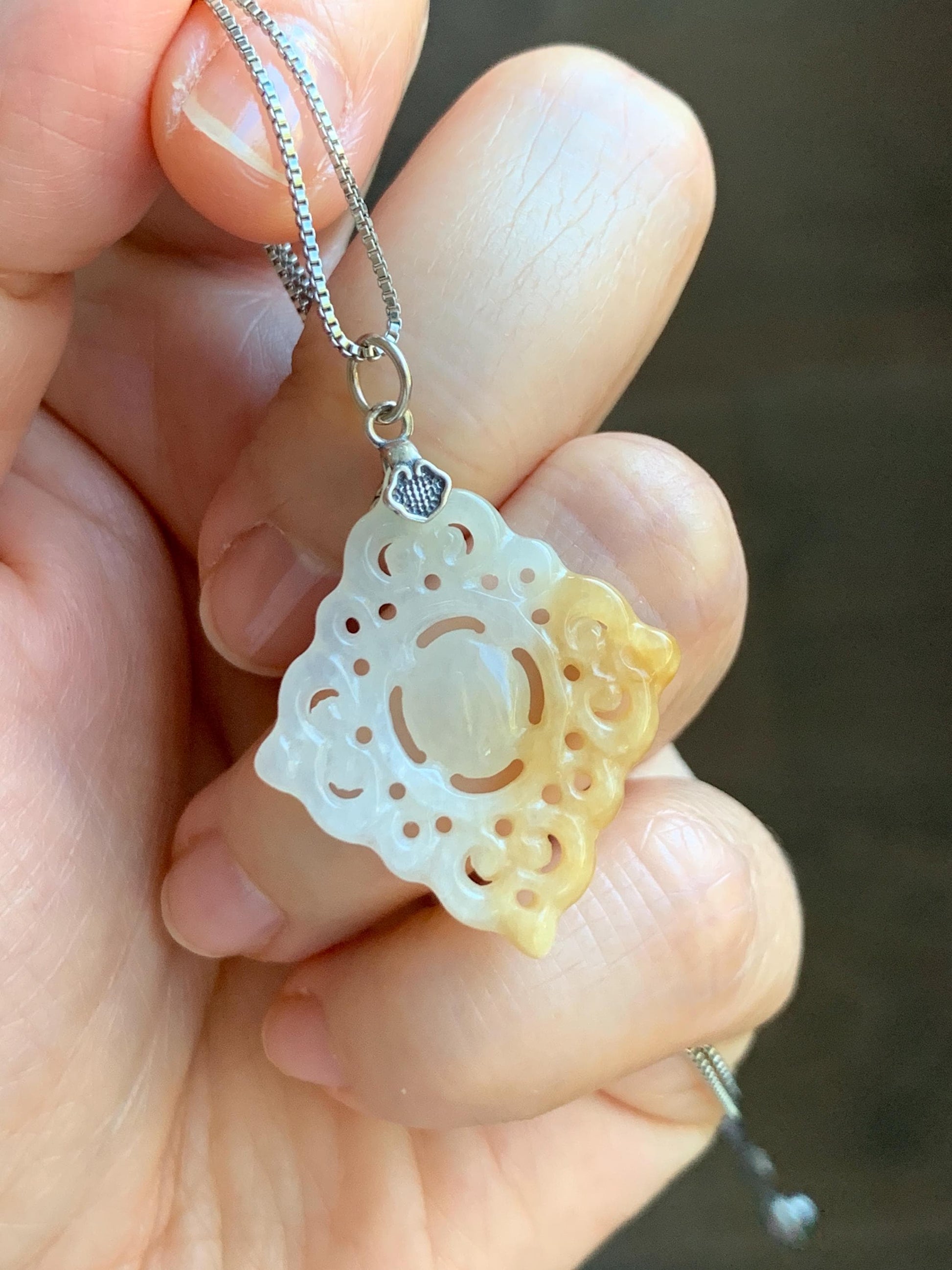 Natural Grade A Icy Translucent White Yellow Marbled Jade Jadeite Openwork Engraved Diamond Pendant Sterling Silver 天然冰白飘黄翡翠双面雕吊坠 FGD95Y