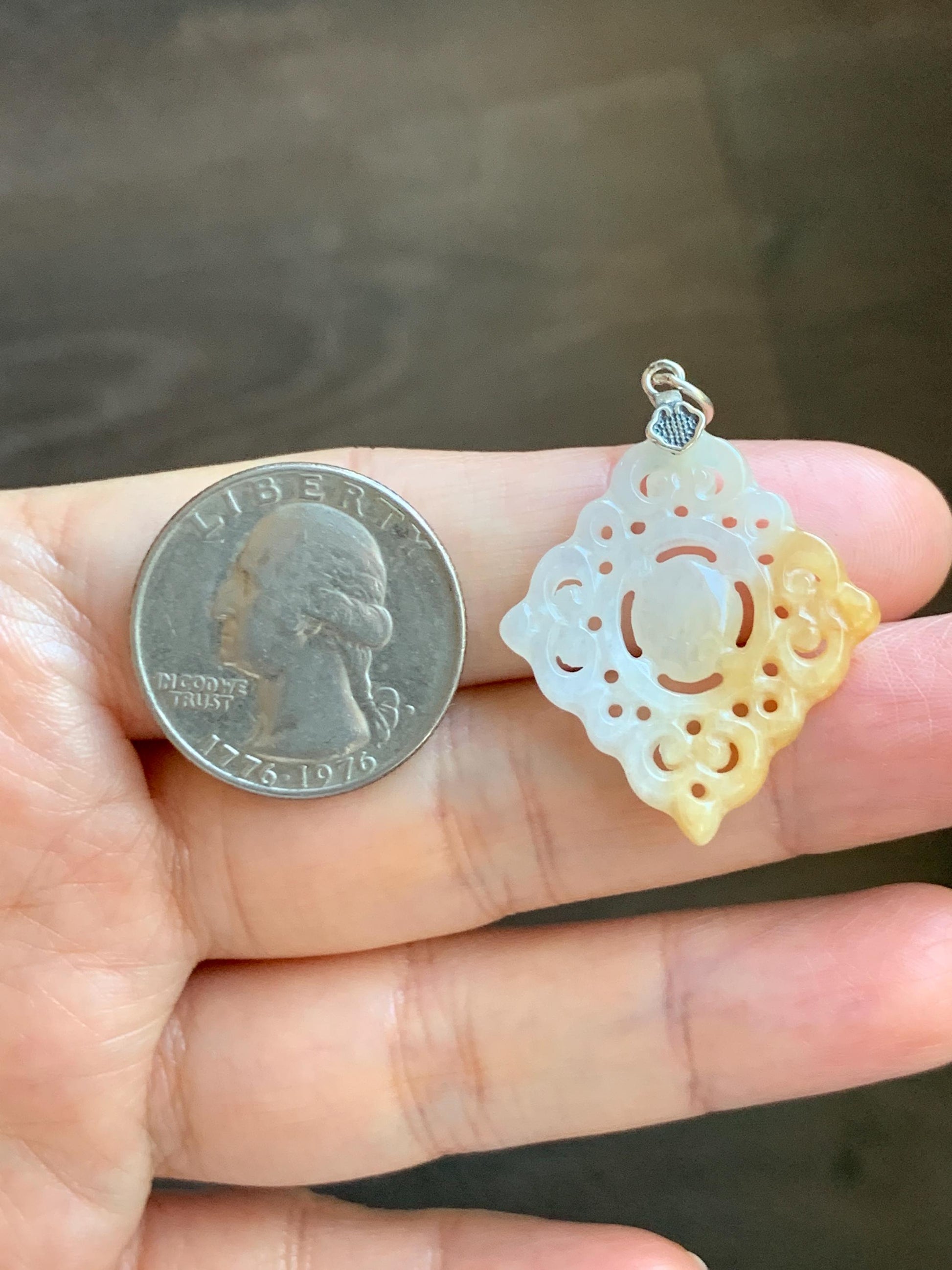 Natural Grade A Icy Translucent White Yellow Marbled Jade Jadeite Openwork Engraved Diamond Pendant Sterling Silver 天然冰白飘黄翡翠双面雕吊坠 FGD95Y