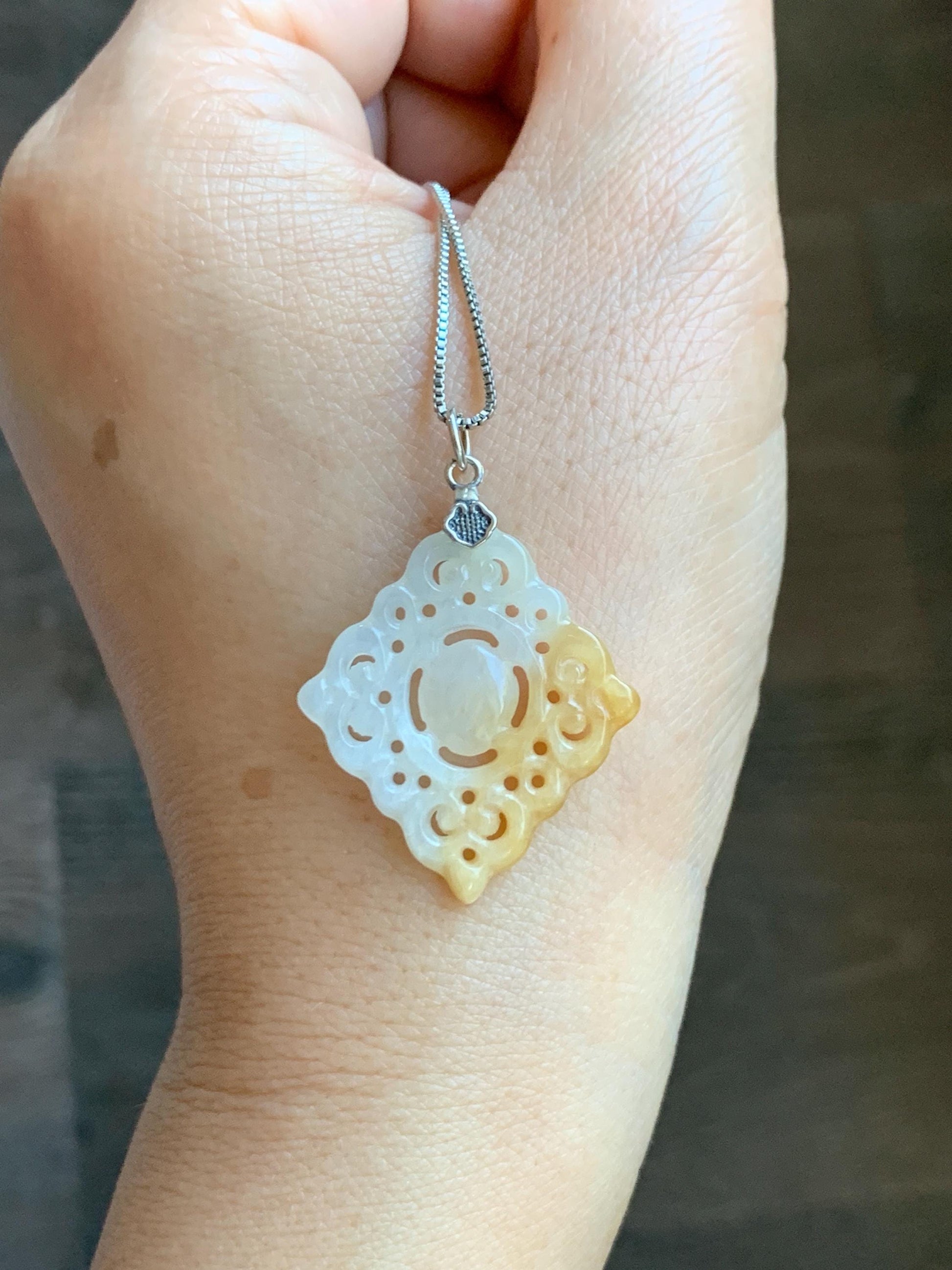 Natural Grade A Icy Translucent White Yellow Marbled Jade Jadeite Openwork Engraved Diamond Pendant Sterling Silver 天然冰白飘黄翡翠双面雕吊坠 FGD95Y