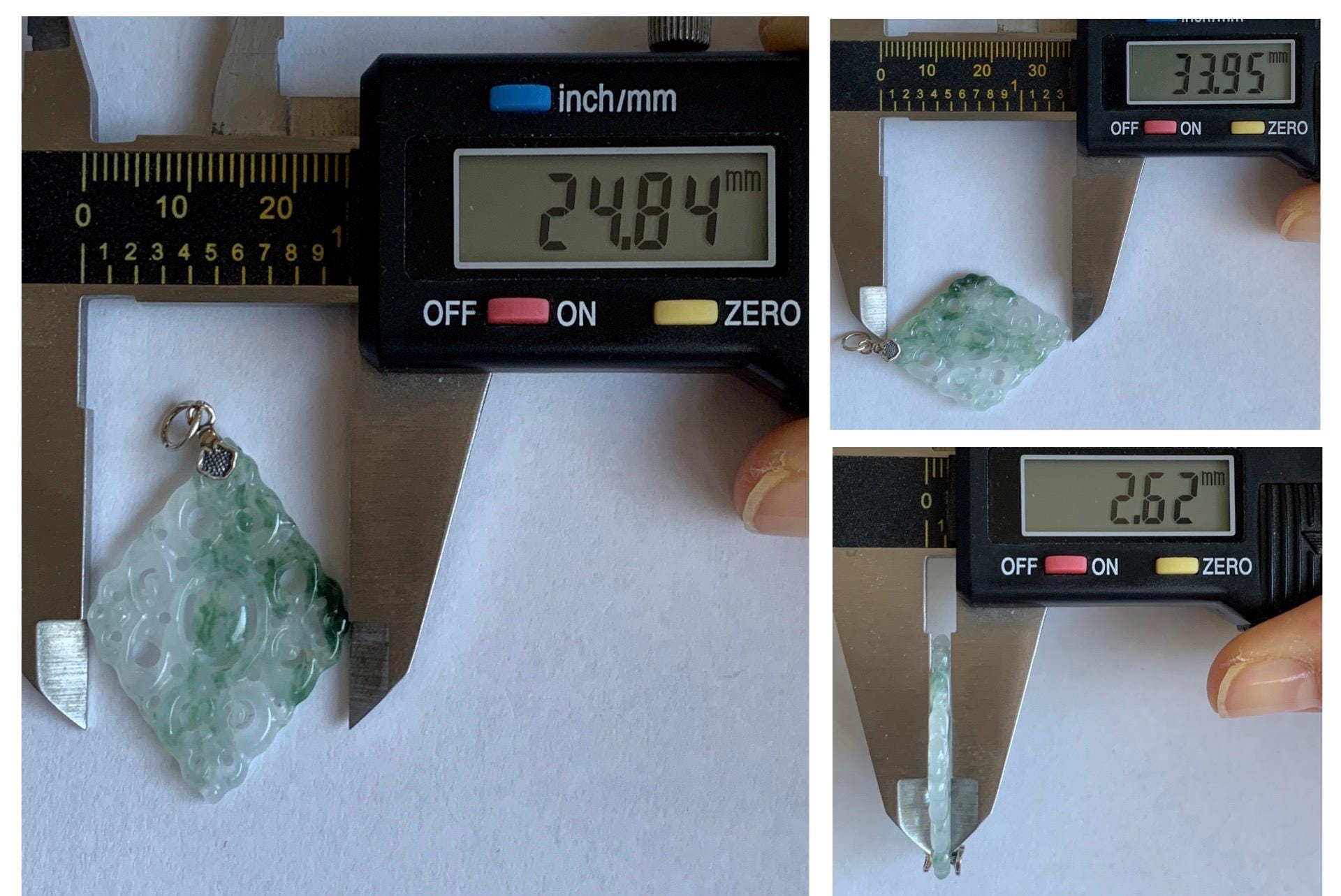 Natural Grade A Icy Translucent White Green Marbled Jade Jadeite Openwork Engraved Diamond Pendant Sterling Silver 天然冰白飘绿花翡翠双面雕吊坠 FGD95G