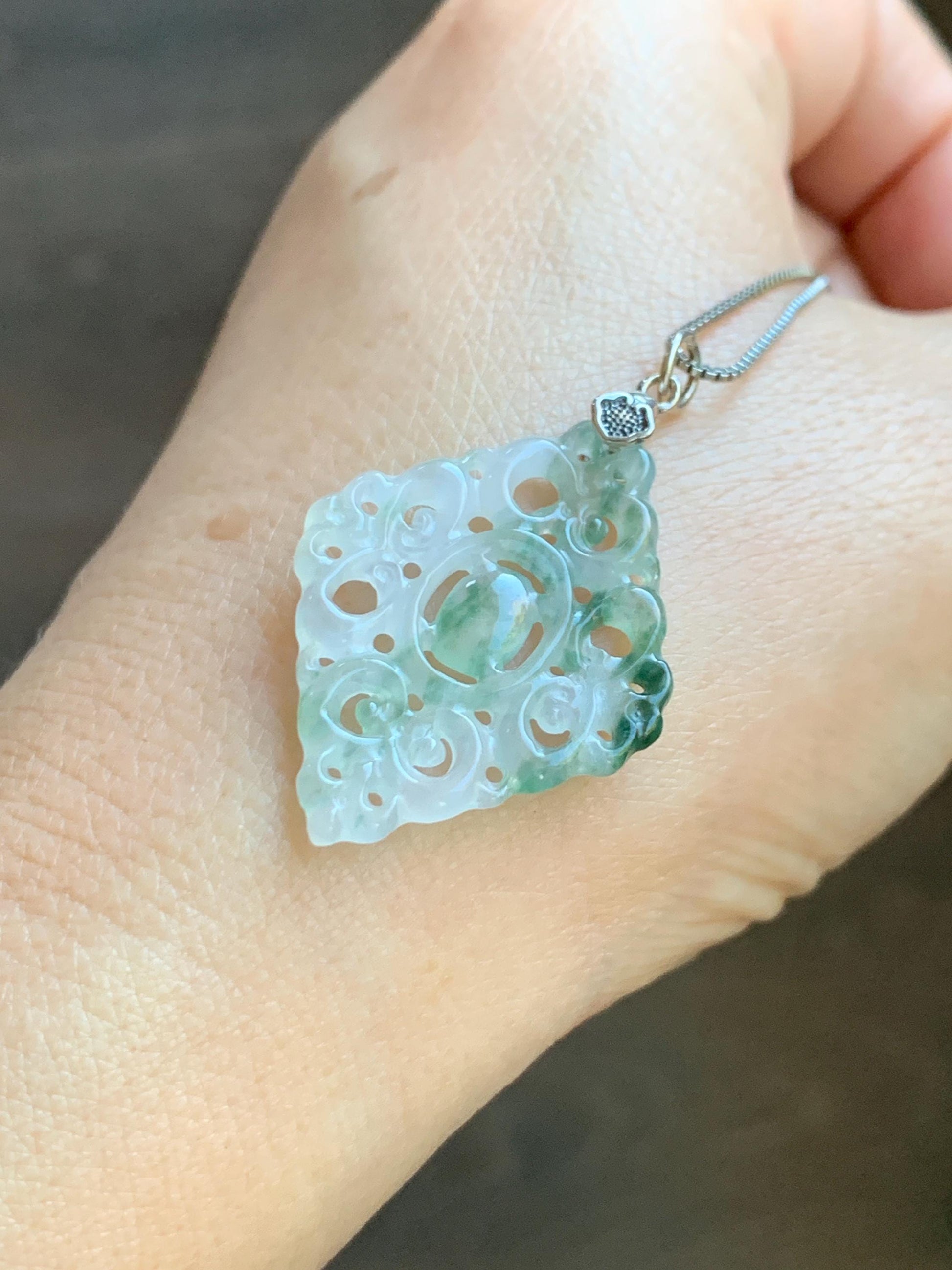 Natural Grade A Icy Translucent White Green Marbled Jade Jadeite Openwork Engraved Diamond Pendant Sterling Silver 天然冰白飘绿花翡翠双面雕吊坠 FGD95G