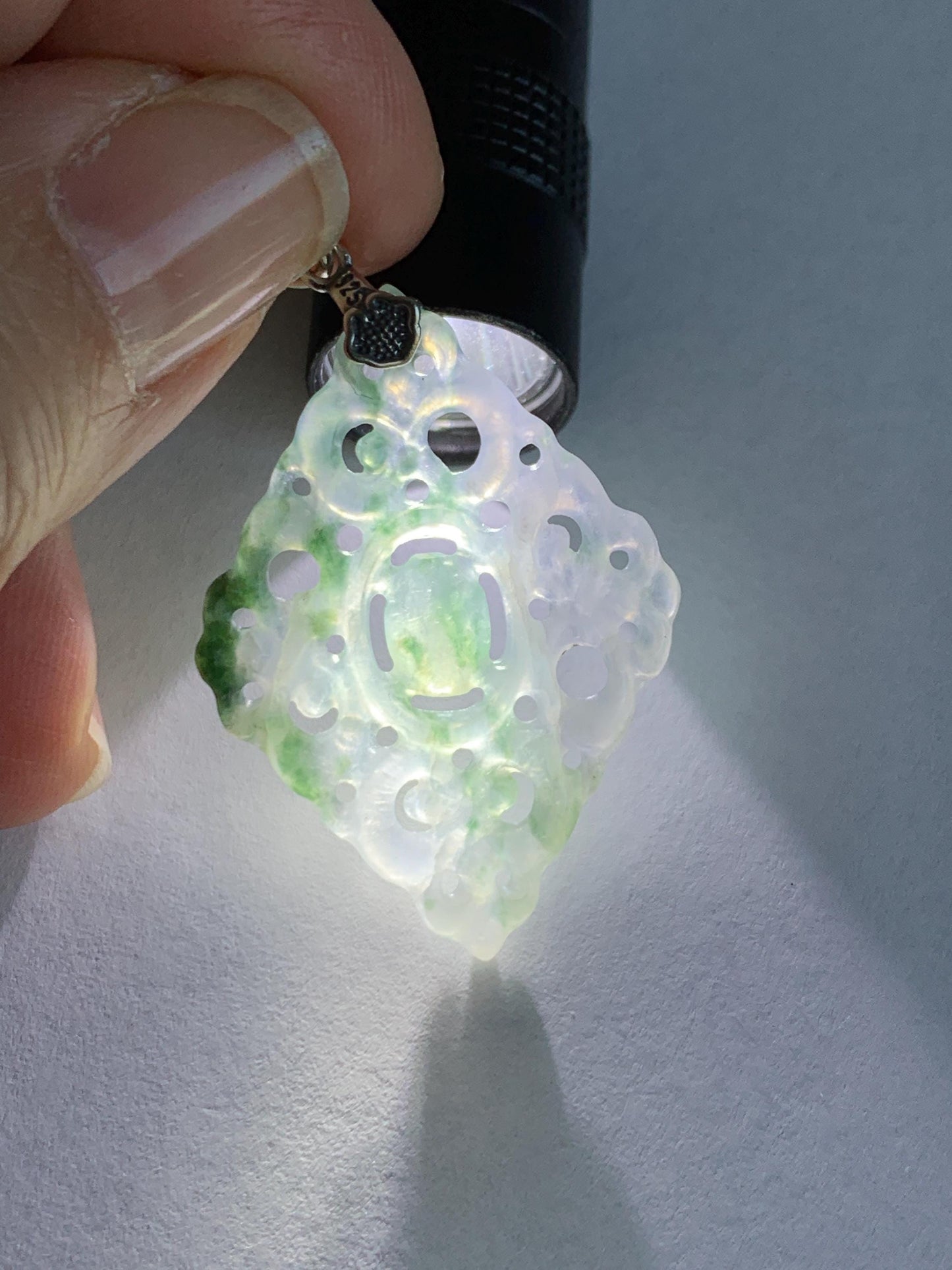 Natural Grade A Icy Translucent White Green Marbled Jade Jadeite Openwork Engraved Diamond Pendant Sterling Silver 天然冰白飘绿花翡翠双面雕吊坠 FGD95G