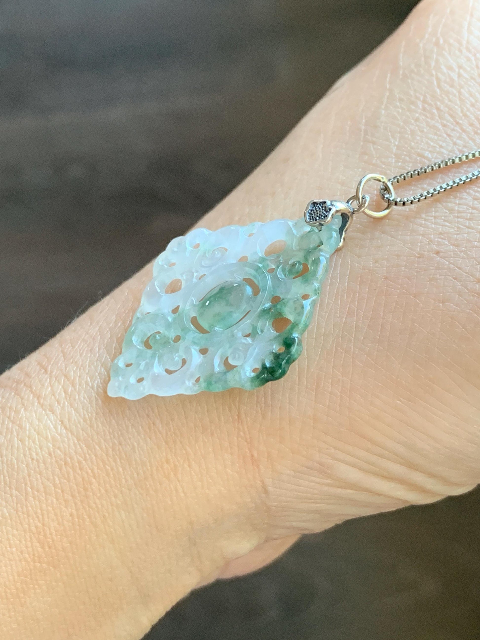 Natural Grade A Icy Translucent White Green Marbled Jade Jadeite Openwork Engraved Diamond Pendant Sterling Silver 天然冰白飘绿花翡翠双面雕吊坠 FGD95G