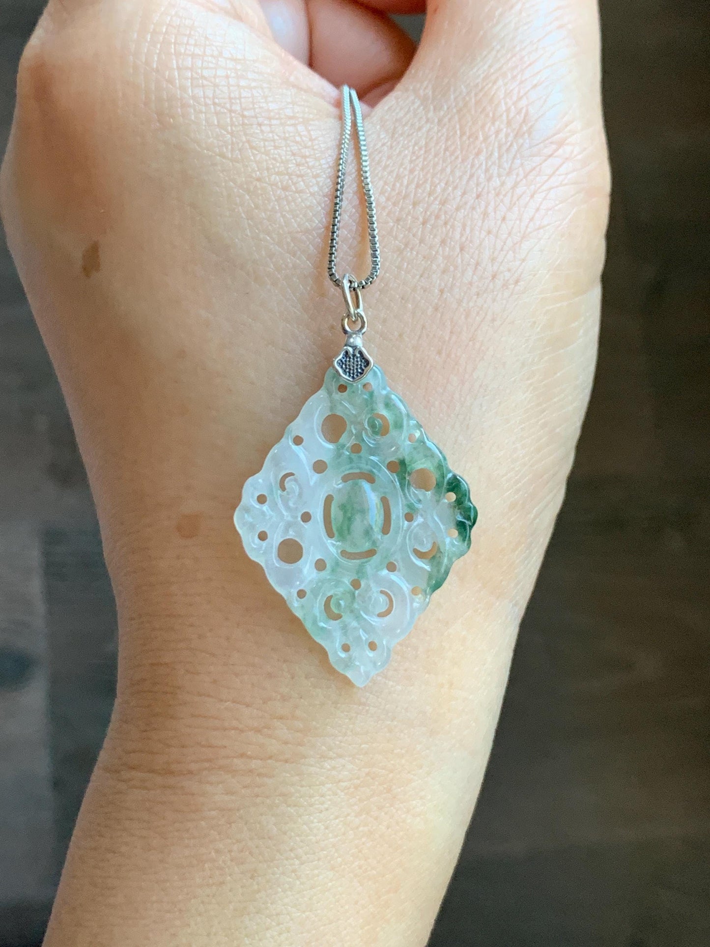 Natural Grade A Icy Translucent White Green Marbled Jade Jadeite Openwork Engraved Diamond Pendant Sterling Silver 天然冰白飘绿花翡翠双面雕吊坠 FGD95G