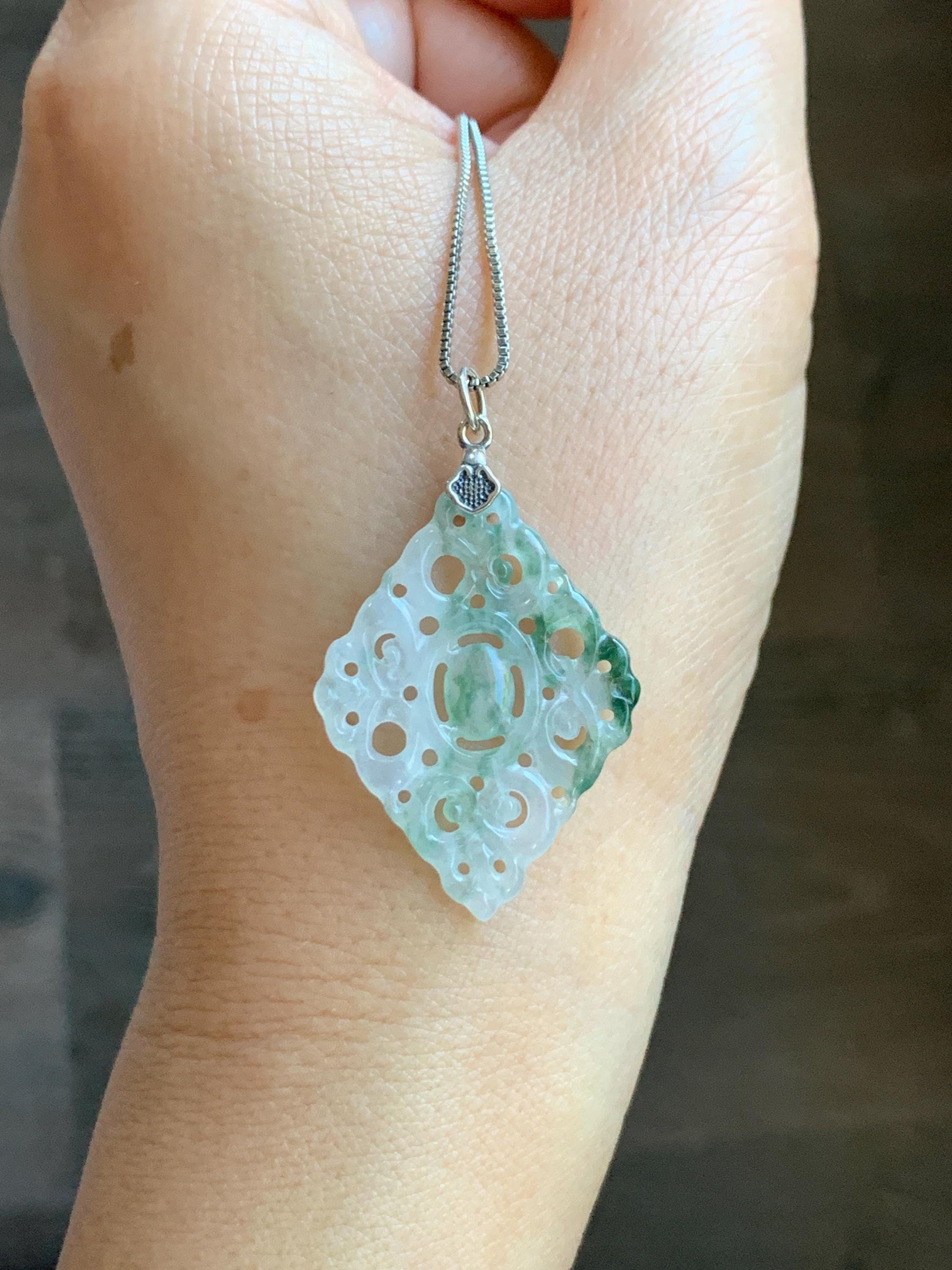 Natural Grade A Icy Translucent White Green Marbled Jade Jadeite Openwork Engraved Diamond Pendant Sterling Silver 天然冰白飘绿花翡翠双面雕吊坠 FGD95G