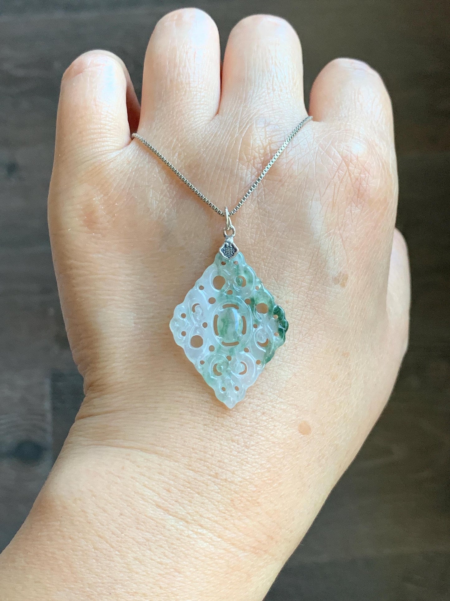 Natural Grade A Icy Translucent White Green Marbled Jade Jadeite Openwork Engraved Diamond Pendant Sterling Silver 天然冰白飘绿花翡翠双面雕吊坠 FGD95G