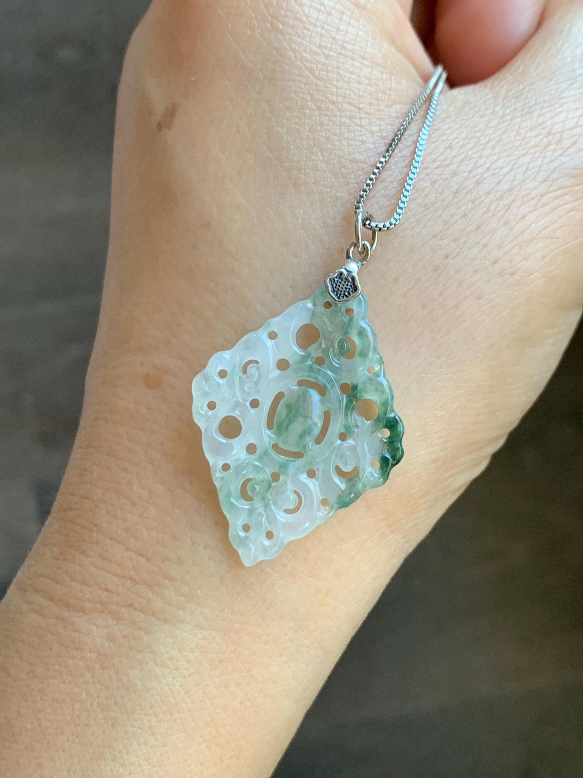 Natural Grade A Icy Translucent White Green Marbled Jade Jadeite Openwork Engraved Diamond Pendant Sterling Silver 天然冰白飘绿花翡翠双面雕吊坠 FGD95G
