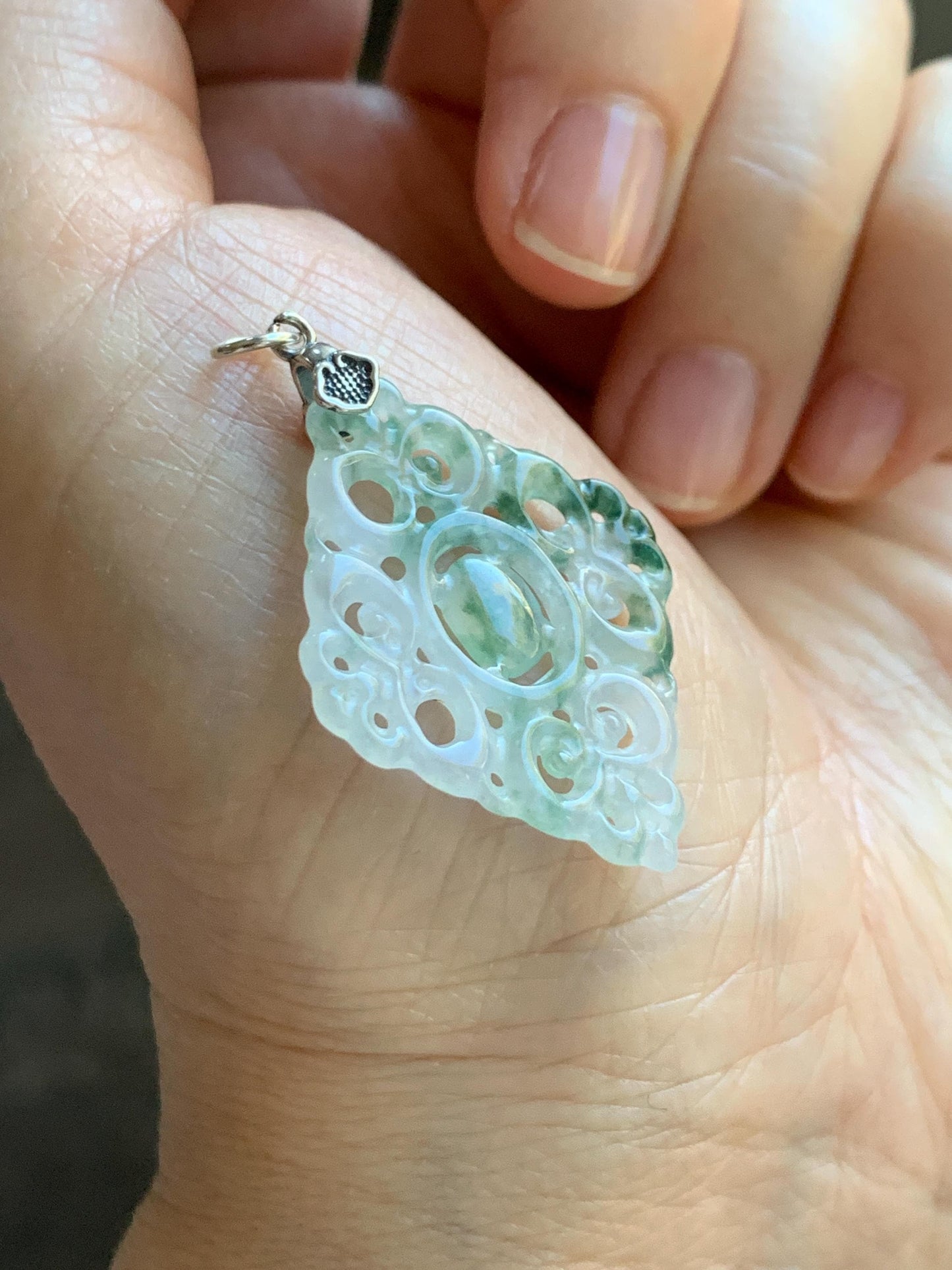 Natural Grade A Icy Translucent White Green Marbled Jade Jadeite Openwork Engraved Diamond Pendant Sterling Silver 天然冰白飘绿花翡翠双面雕吊坠 FGD95G