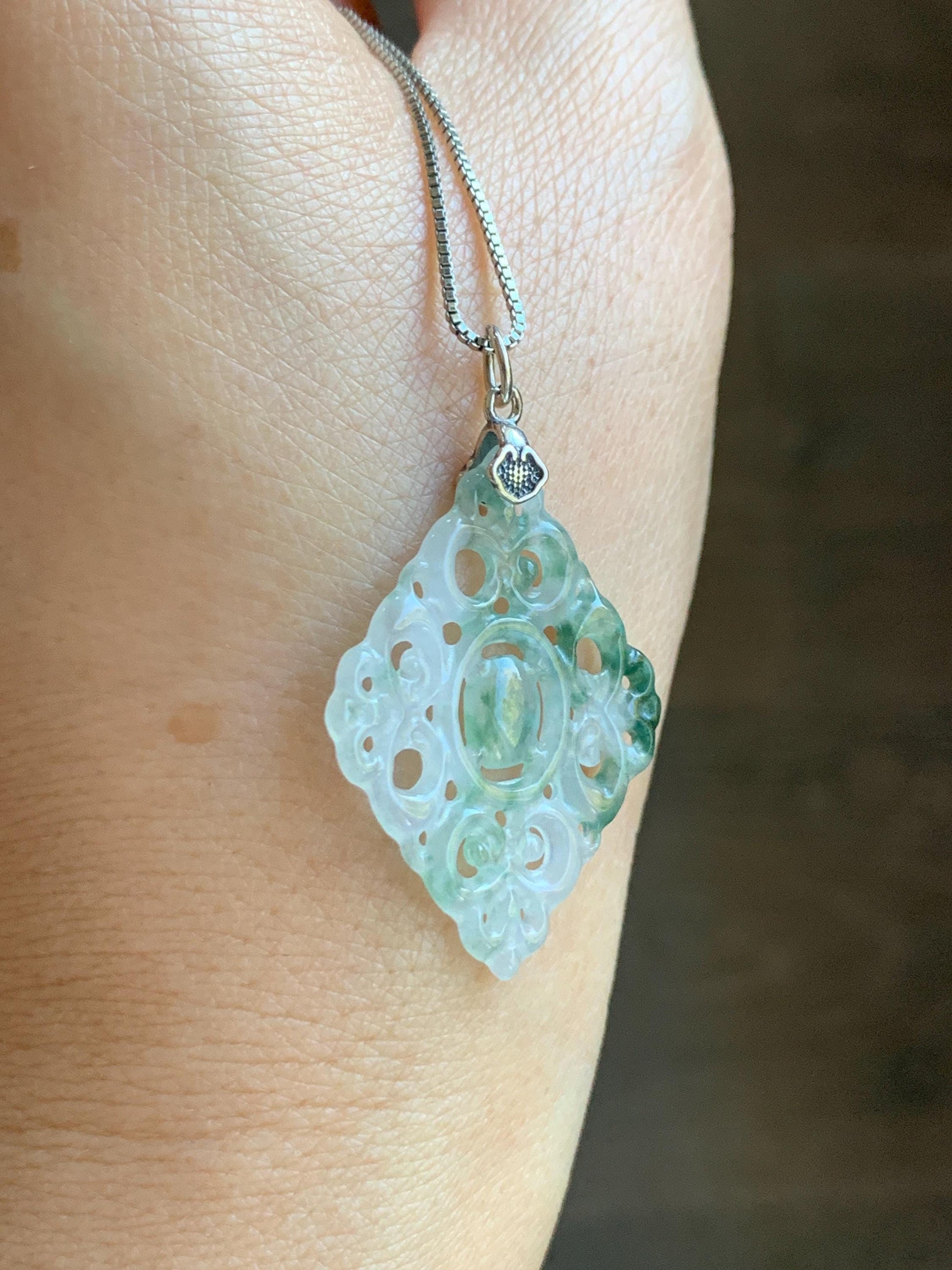 Natural Grade A Icy Translucent White Green Marbled Jade Jadeite Openwork Engraved Diamond Pendant Sterling Silver 天然冰白飘绿花翡翠双面雕吊坠 FGD95G